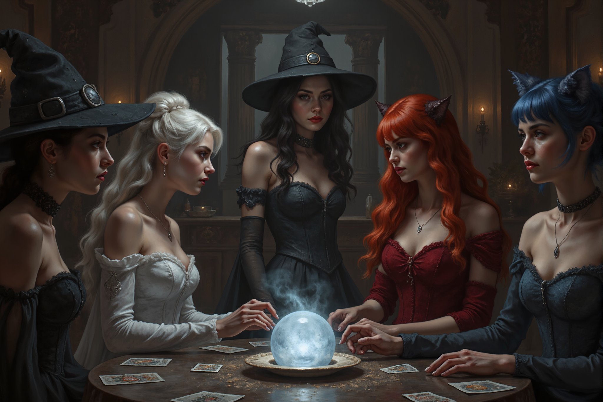 action shot, a beautiful young female witch with long curly black hair, pointy witch cap, sexy witch outfit, beautiful young ghostly woman with white hair, the whitest pale skin, white dress, beautiful female vampire with vivid big long red hair, big red lips wearing a red victorian inspired velvet corsett dress, and beautiful cat woman, with cat ears and short blunt cut blue hair with bangs wearing a skin tight dark blue leather bodysuit they are at a fortune teller getting their fortunes. crystal ball, tarot cards, magic, perfect anatomy, perfect hands, perfect faces.