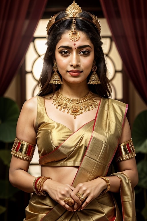 full body shot, beautiful female goddess Lakshmi, light golden eyes, Hindu goddess of prosperity and wealth, elaborate indian female saree and dupatta in colors of red and gold, she is wearing elaborate gold necklaces earrings and bangles on her arms, gold nose ring, serene expression, Lakshmi is surrounded by lotus flowers, she is glowing, illuminated, a holy goddess, with an elaborate gold crown, detailed background of the heavens, clouds stars, ,Detailedface,1girl,Masterpiece,Saree, full body,realhands,Indian,1 girl,Indian Designer Dress,more detail XL,fashion_girl,SD 1.5,REALISTIC,photo of perfecteyes eyes