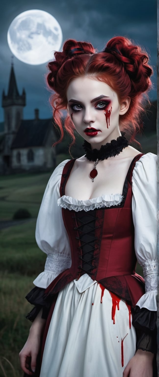 masterpiece, subtle lighting, dark atmosphere, a young girl vampire, pale white skin, blood drips on face and under eyes, bright red pinpoint pupil big eyes, with white elaborate gothic attire with blood stains, red volumunous curly hair, gothic hairstyle, bloody open mouth showing long bloody pointed fangs, background a countryside at night full moon europe circa 1700's, extreme realism, intricate details, ultra quality, 8k UHD