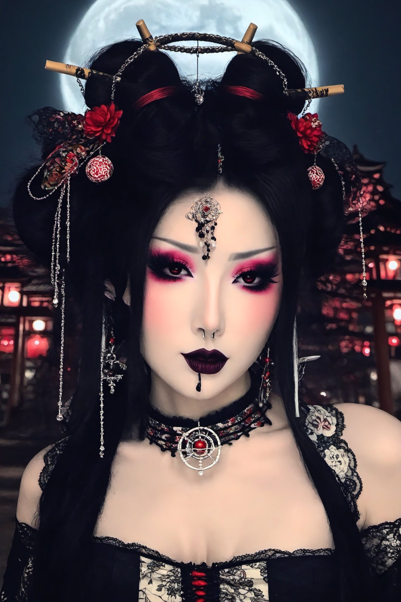 Highy detailed image, cinematic shot, (bright and intense:1.2), portrait shot, dynamic pose, crisp, defined, HQ, detailed, HD, dynamic light & pose, motion, moody, intricate, 1girl, (((gothic geisha)) light red eyes, elaborate intense geisha make-up, black lipstick, dark gothic eye make-up, dark purple colored hair in elaborate geisha style with gothic ornaments like pentagrams, black lace, chains, multiple piercings on ears, elaborate long dangle earrings, dark gothic geisha outfit, in black, lace, dark blue, purple, colors,  attractive, clear facial expression, detailed background of japanese architecture at night full moon, emotional, hyperrealistic inspired by necronomic art, fantasy horror art, photorealistic dark concept art, goth person, Extremely Realistic,GothEmoGirl