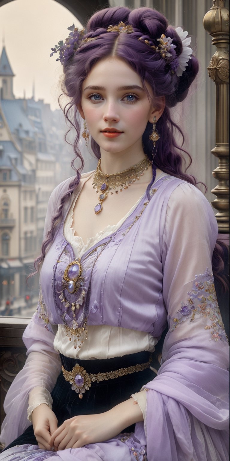 (8k 16k, RAW photo, best quality, master:1.2), (realistic, photo-realistic:1.37), ultra detailed, 1 irish girl, solo, gorgeous and beautiful girl, rich purple intricate braided hair, hair buns, light violet purple eyes, freckles, realistic, looking at viewer, happy, smile, masterpiece, realistic photography, by Alphonse Mucha, by Wlop, ), (Exaggerated Perspectives), f/ 2.8, (Surrealist Style), Visionary Art, (Trending on artstation) intricate victorian outfit, intricate jewelry, necklace, large earrings, looking at viewer, happy, smile, masterpiece, realistic photography, by Alphonse Mucha, by Wlop, ), (Exaggerated Perspectives), f/ 2.8, (Surrealist Style), Visionary Art, (Trending on artstation) intricate outfit, intricate jewelry, necklace, large dangle earrings, 