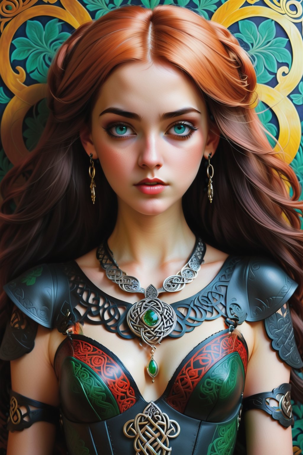 combine all of the below to make a beautiful celtic irish young woman, wearing an elaborate ancient celtic irish inspired  necklace, jewelry, long dangle earrings, sexy intricate celtic irish corset, hayv kahraman style, background of vivid colorful intricate william morris wallpaper