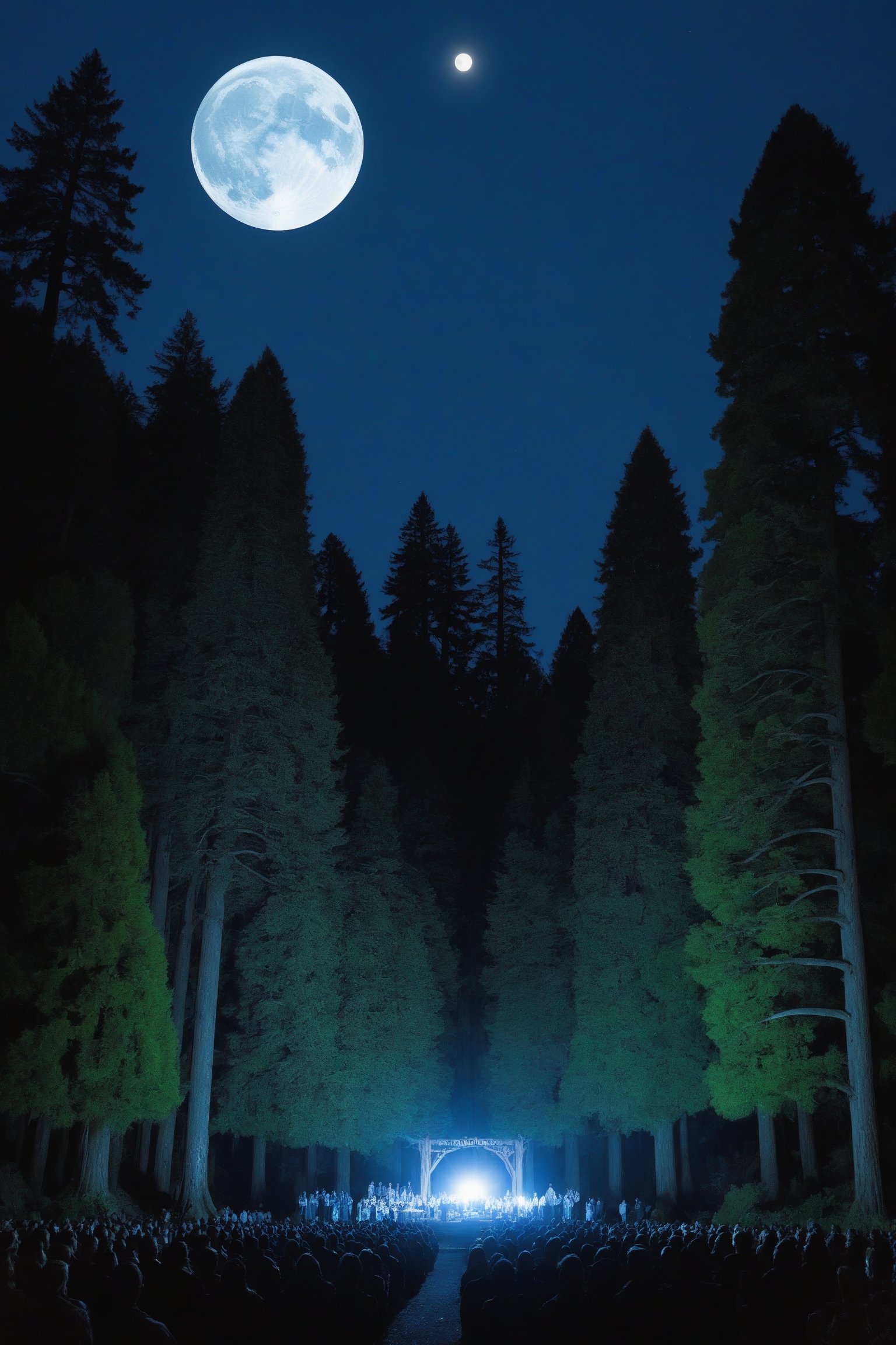 bohemian grove, night, full moon, 