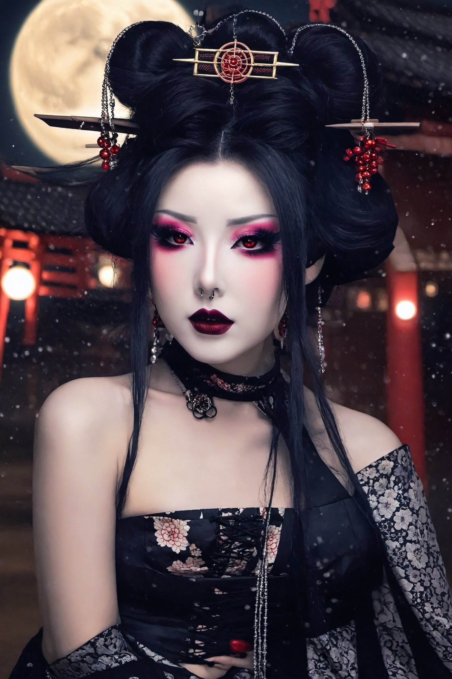 Highy detailed image, cinematic shot, (bright and intense:1.2), portrait shot, dynamic pose, crisp, defined, HQ, detailed, HD, dynamic light & pose, motion, moody, intricate, 1girl, (((gothic geisha)) light red eyes, elaborate intense geisha make-up, black lipstick, dark gothic eye make-up, dark purple colored hair in elaborate geisha style with gothic ornaments like pentagrams, black lace, chains, multiple piercings on ears, elaborate long dangle earrings, dark gothic geisha outfit in black, dark blue, purple, colors,  attractive, clear facial expression, detailed background of japanese architecture at night full moon, emotional, hyperrealistic inspired by necronomic art, fantasy horror art, photorealistic dark concept art, goth person, Extremely Realistic,GothEmoGirl