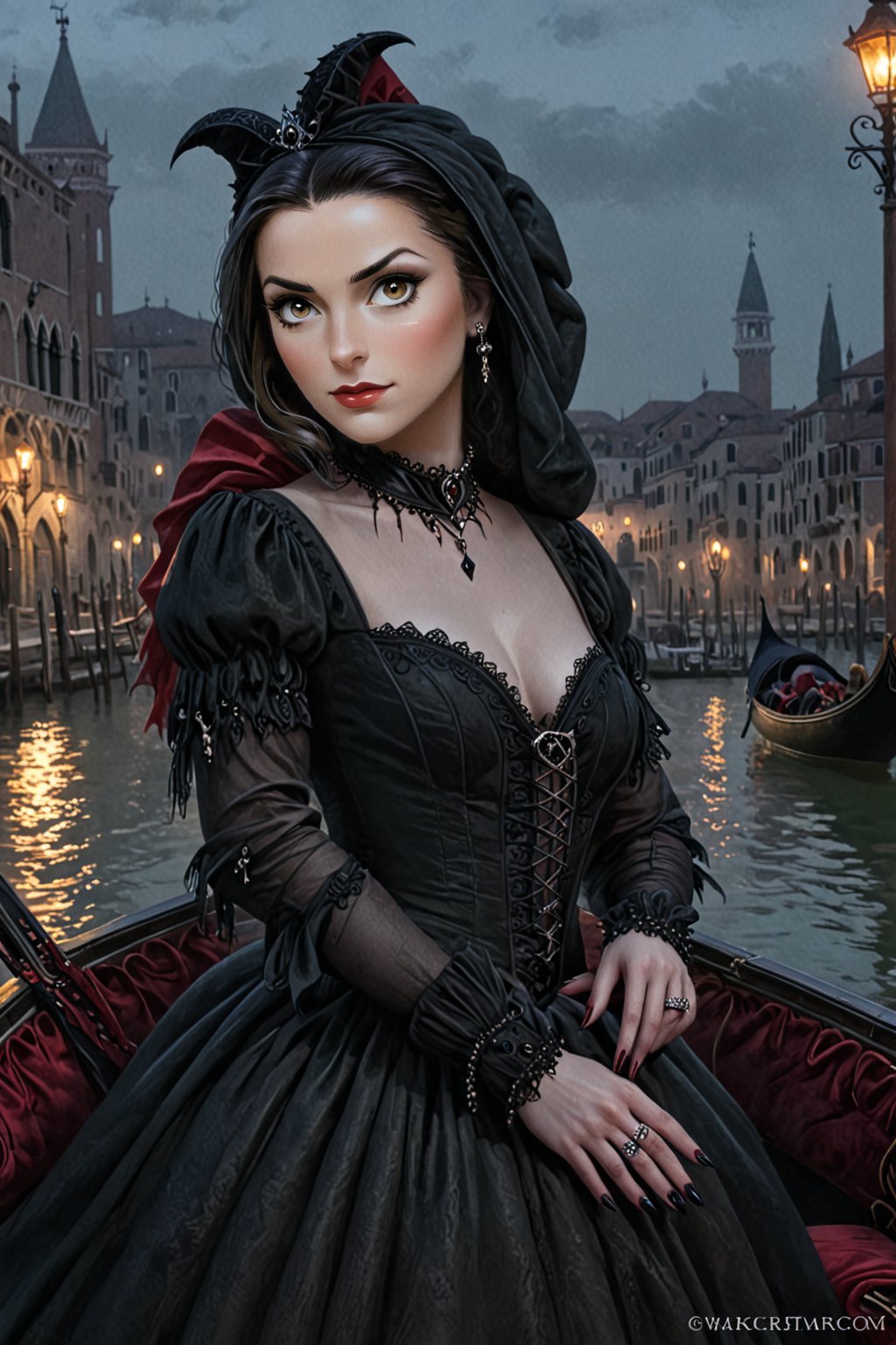 A gorgeous, sexy gothic vampire on a gondola in Venice. sharp fingernails