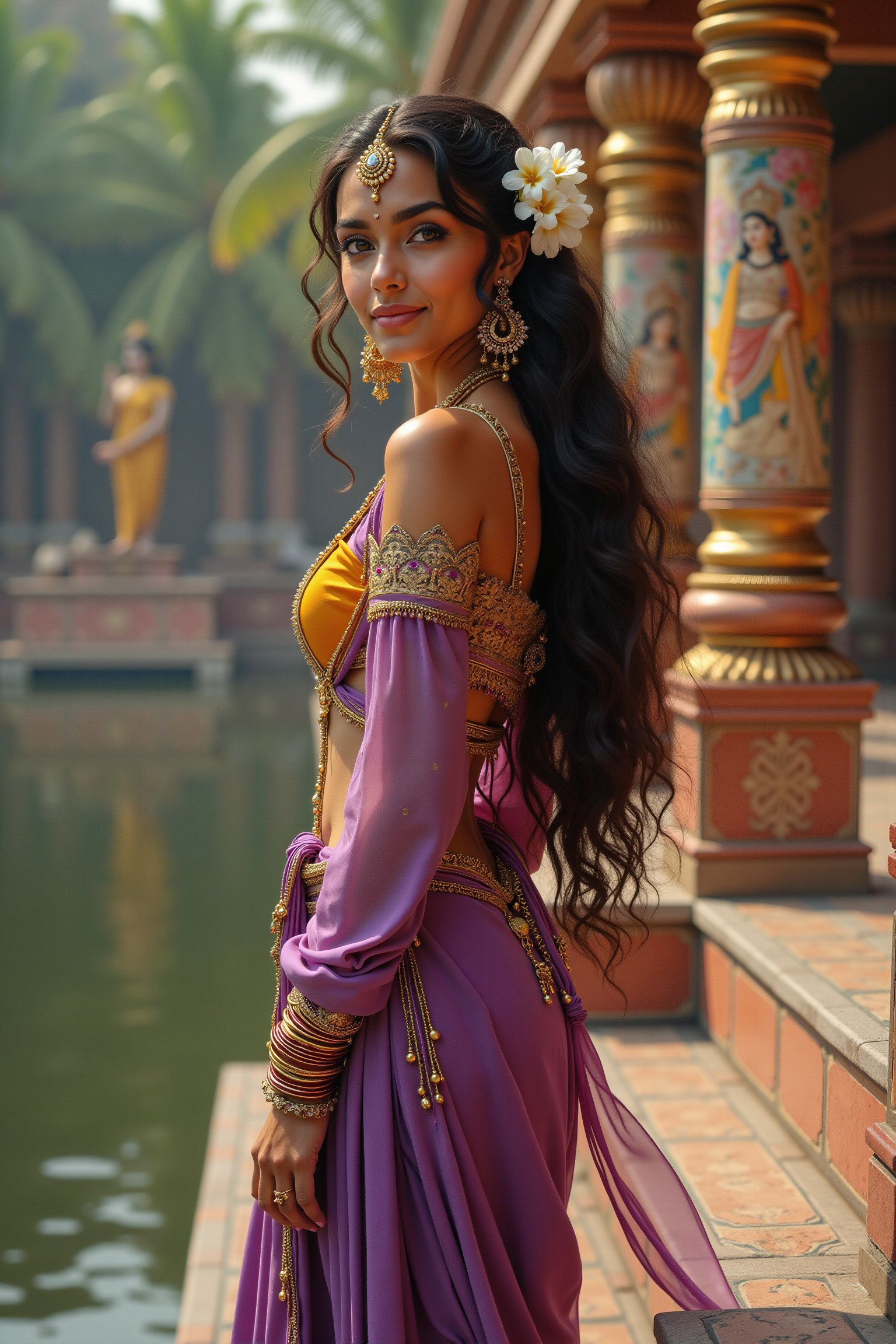 long shot, side view full body shot, realistic photgraphic image of young stunningly gorgeous and beautiful exotic asian indian woman in Ancient India. she stands on the steps of an ancient indian temple on the banks of the ganges river  with jasmine in her hair. she has a sweet sensual closed mouth smile, stunning big light green realistic eyes, rich colorful make-up and eyeliner on her eyes, thick big curly long blonde shiny hair, she wears an ancient indian dress in silk, cotton and linen fabrics, colors of purple, saffron and gold, her outfit is richly and elaborately decorated, with embroidery and rich jewels, gold jewelry and ornaments, flat  sandals on her feet. her outfit and posture displays her wealth, behind her is the detailed realistic background of the Ancient Indian temple on the banks of a beautiful river, lush coconut trees, jasmine, rose, frangiapani bushes surround the temple. the temple is decorated with richly colored symmetrical Indian art, mythology and spiritual scenes decorating the walls, ancient hindu statues, palm, coconut, mango trees, incense pots with burning incense, perfect female anatomy