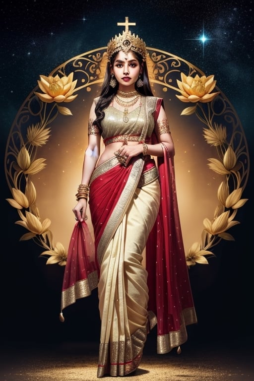 full body shot, Lakshmi is a Hindu goddess of prosperity and wealth, elaborate and intricate indian female costume in colors of red and gold, she is wearing elaborate gold necklaces earrings rings on her fingers and bangles on her arms, gold nose ring, serene beautiful face, Lakshmi is surrounded by lotus flowers, she is glowing, illuminated, a holy goddess, with an elaborate gold crown, detailed background of the heavens, clouds stars, ,Detailedface,1girl,Masterpiece,Saree, full body,realhands,Indian,1 girl,Indian Designer Dress,more detail XL