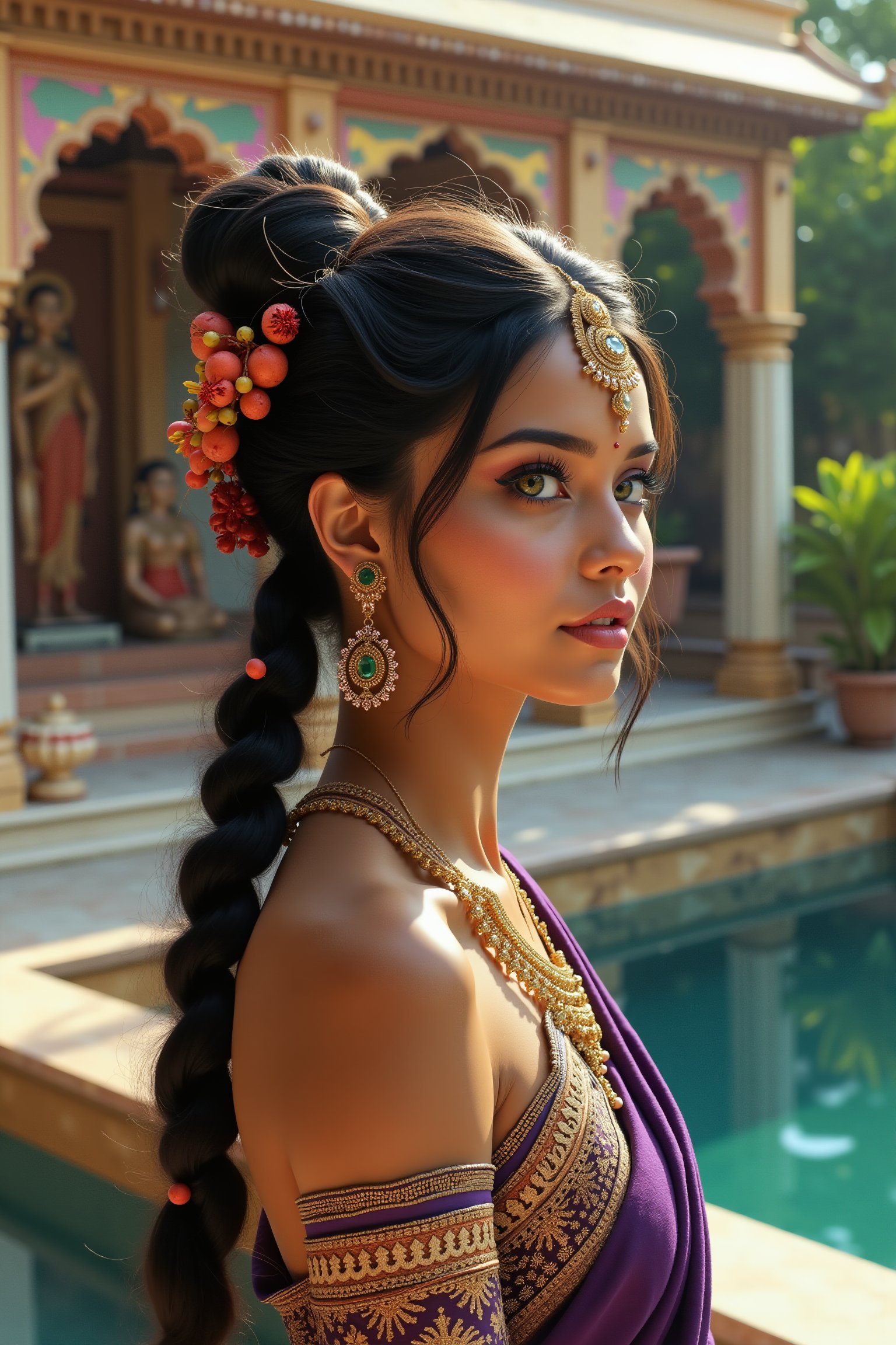 long shot, close shot, side view realistic photgraphic image of young stunningly gorgeous and beautiful exotic asian indian woman in Ancient India. she has a sweet sensual closed mouth smile, stunning big light green realistic eyes, rich colorful make-up and eyeliner on her eyes, hair in elaborate braids and buns, she wears an ancient indian dress in silk, cotton and linen fabrics, colors of purple black and gold, which is richly and elaborately decorated, with embroidery and rich jewels, gold jewelry and ornaments, flat  sandals on her feet. her outfit and posture displays her wealth, behind her is the detailed realistic background of an Ancient Indian temple on the banks of a beautiful river, lush flora surrounds the temple with richly colored symmetrical Indian art, mythology and spiritual scenes decorating the walls, ancient hindu statues, small mosaic marble decorative pool with deep blue water blue, marble benches, palm, coconut, mango trees