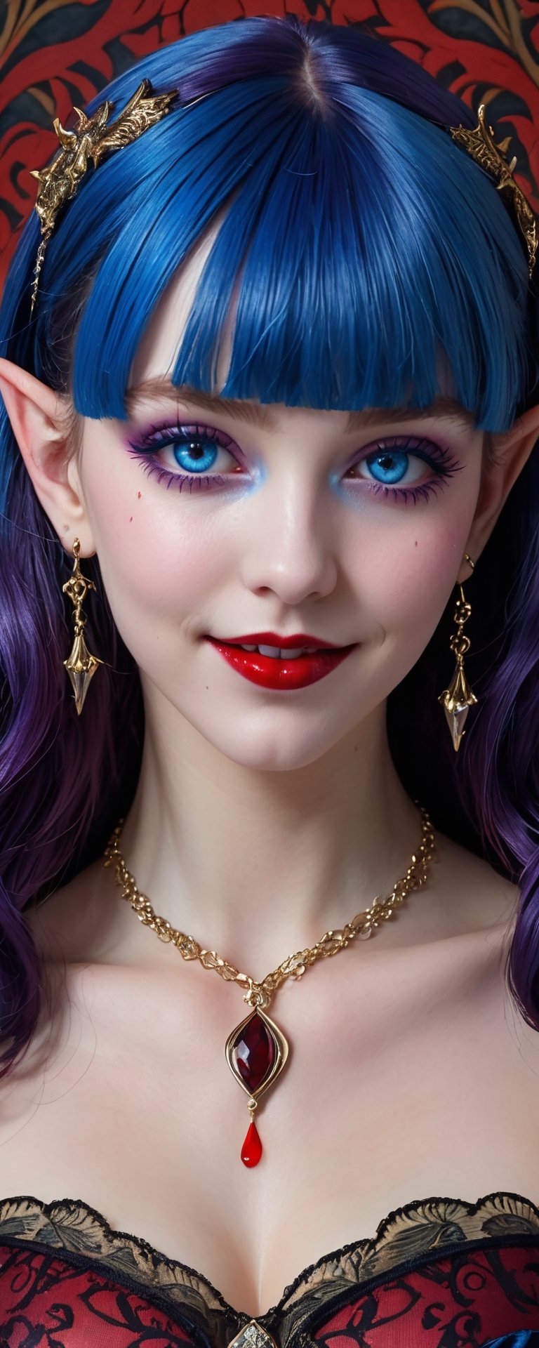 (best quality, masterpiece, ultra detailed, 8K, RAW photo), absurdres, a beautiful 17 year old vampire girl holding a large glass chalace with thick red purple blood, vivid blue shiny hair with blunt bangs, devil horns on head, bat wings on back, Prussian blue outfit, big ice blue hyper realistic eyes,parted greasy red lips, blood dripping on chin, michevious smile,intricate jewelry,necklace,earrings, intricate william morris wallpaper background,  background,vibrant color, 