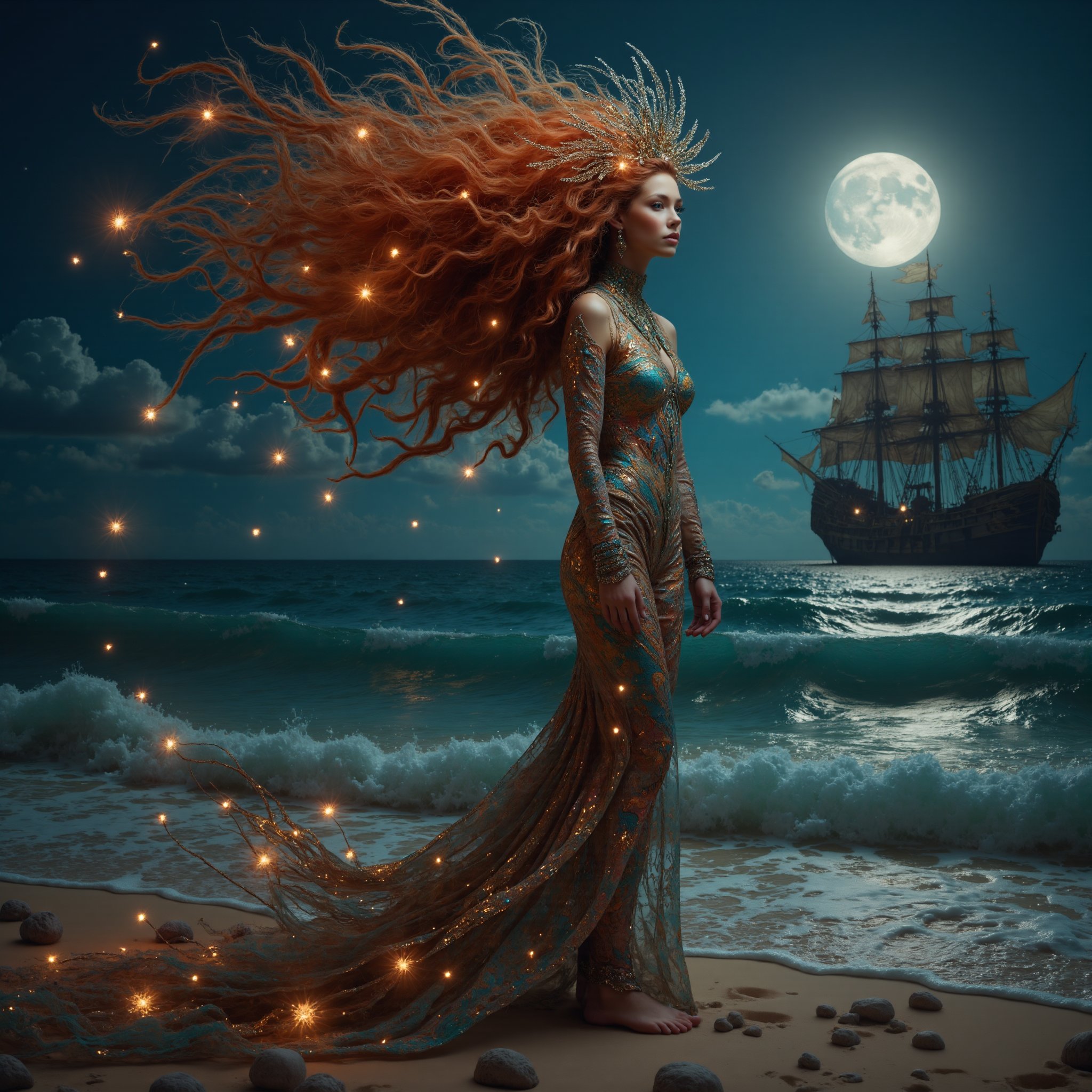 full body shot, long shot, side view, nighttime full moon, cinematic masterpiece, 8k, hdr, best quality, (highly detailed), photography, real life, extremely beautiful, ethereal, ocean witch standing on the beach, gorgeous face, beautiful smile, extremely long head to toe length big curly vivid red hair blowing in the breeze, irridescent, shiny, shimmer colorful elaborate witch outfit. blue green ocean water, bioluminescent algae glowing in the ocean waves, seashells, starfish, seaweed, scattered on the sand, large wooden pirate ship far in the distance on the ocean. perfect female anatomy, 