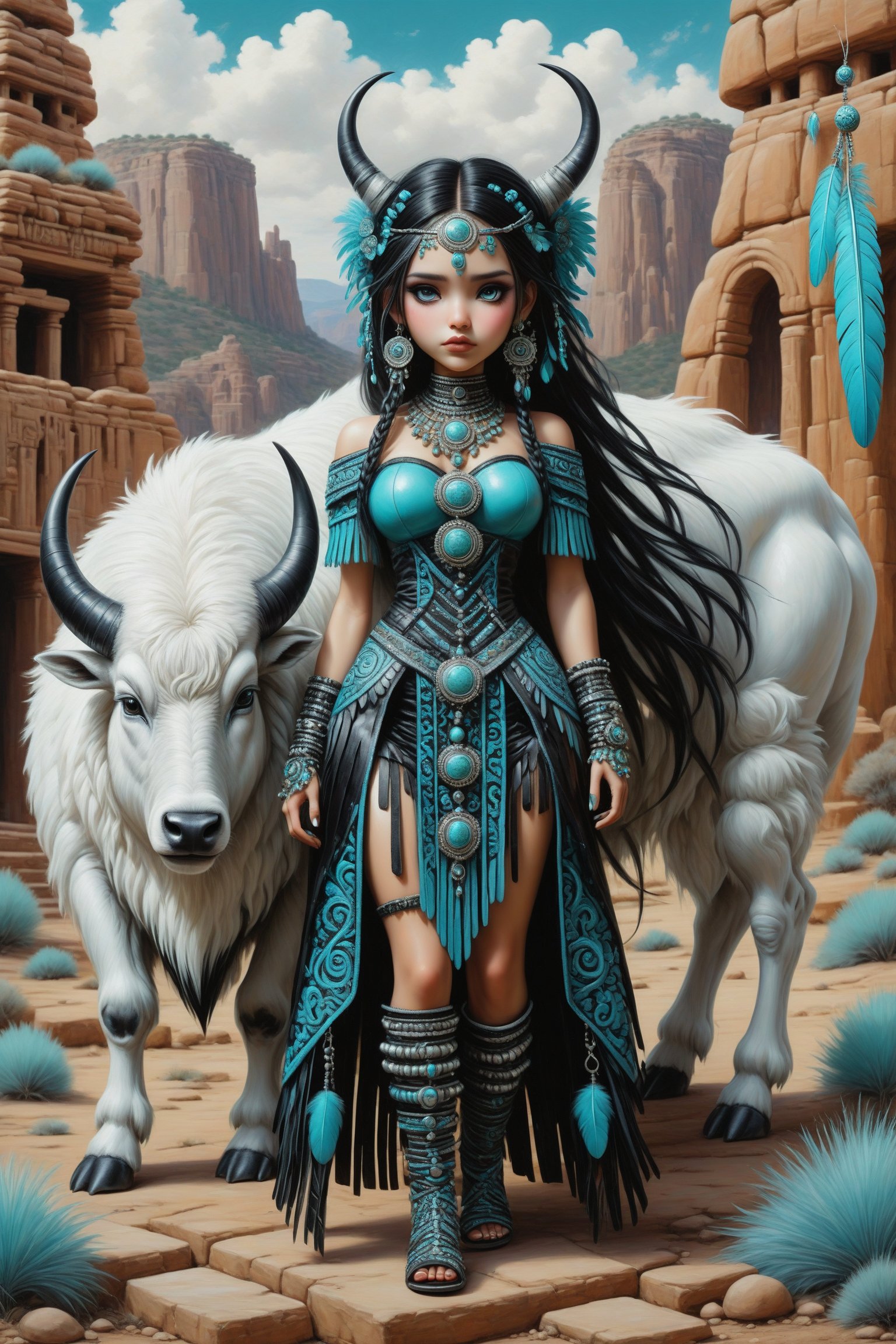 full body shot, long shot, a beautiful stunning native american indian woman, standing next to some ancient indian ruins, cliff dwellings. she stands next to a sacred small baby white buffalo. her beautiful outfit is a fusion of elaborate native american rococo, high fashion gothic outfit in luxurious fabrics, feathers, fur trim, rich colors. black. leather moccasins on her feet. turquoise, silver decorations, adornments, she has large, round eyes. jet black hair in elaborate braids and buns with fringe and bangs. perfect female anatomy, goth person, pastel goth, dal, Gaelic Pattern Style,