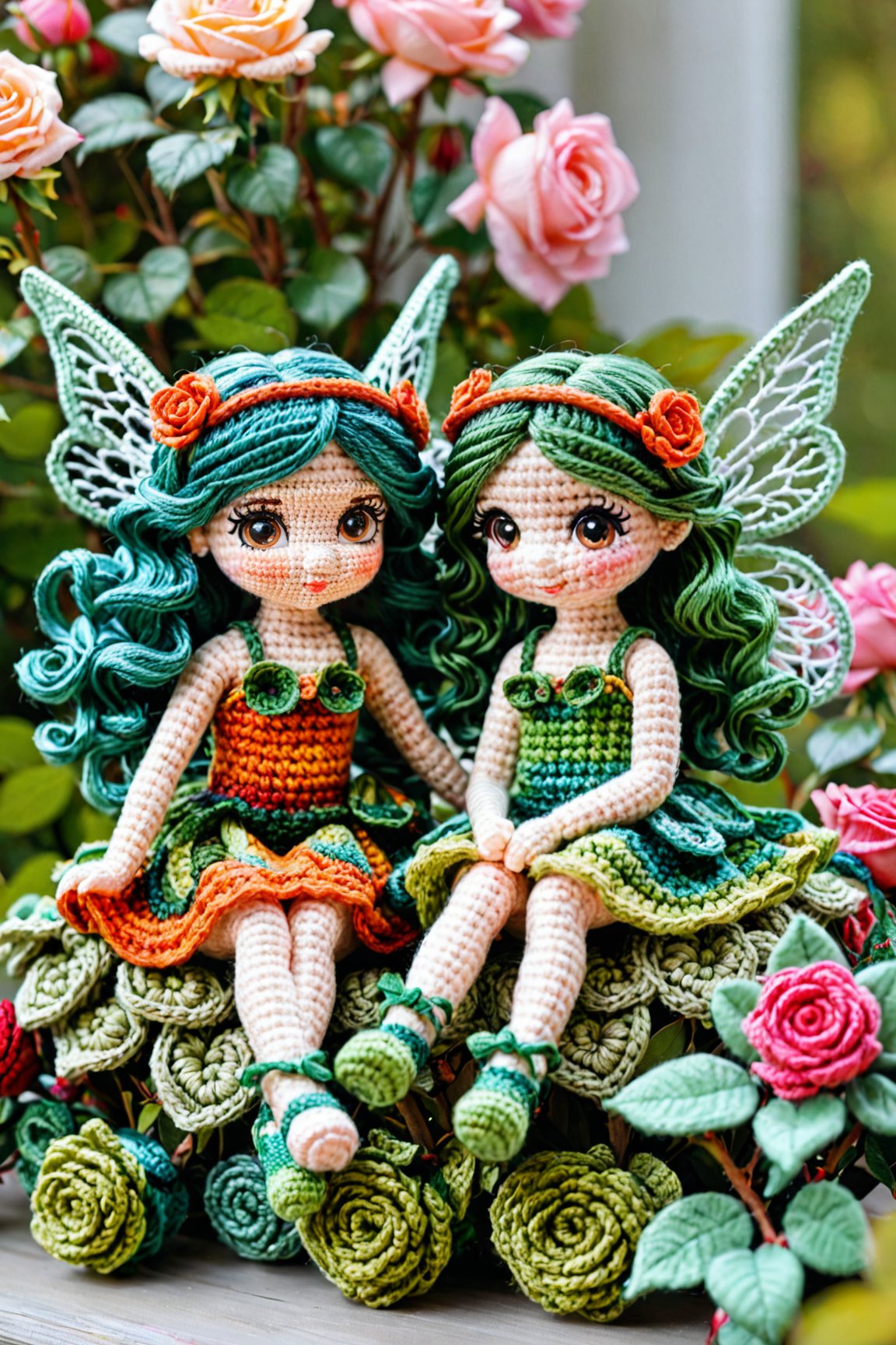 two cute girl fairies each with fairy wings, a cute fairy dress, vivid green hair, both sitting on a rose bush. detailed textures, ultra sharp, crocheted