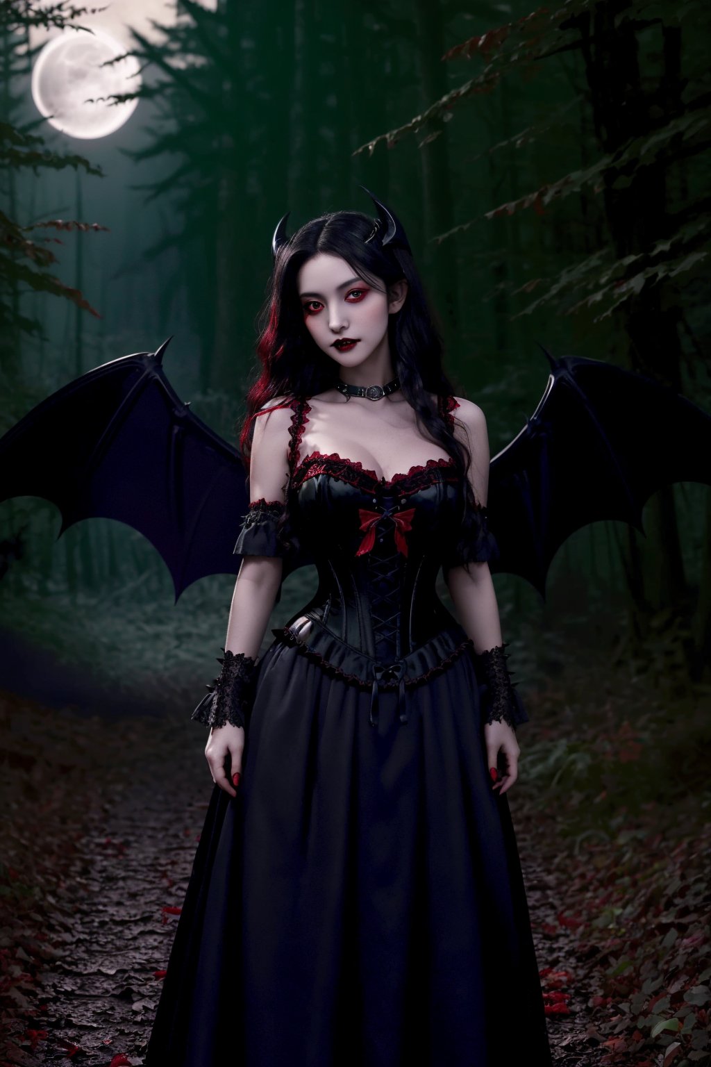 masterpiece, best quality, 1girl, solo, (black gothic dress, red accents, lace trim, corset, bat-shaped brooch), upper body, loli, (((fair skin))), black hair, red eyes, long hair, wavy hair, standing, (vampire fangs), (bat wings), (spiked collar), (moonlight, dark forest), looking at viewer,