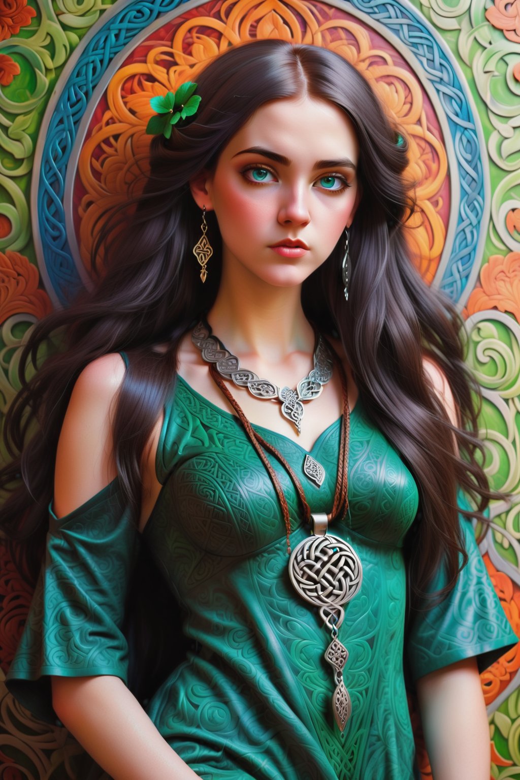 full body shot combine all of the below to make a beautiful celtic irish young woman, wearing an elaborate ancient celtic irish inspired necklace, jewelry, long dangle earrings, sexy intricate celtic irish outfit, leather shoes, hayv kahraman style, background of vivid colorful intricate william morris wallpaper