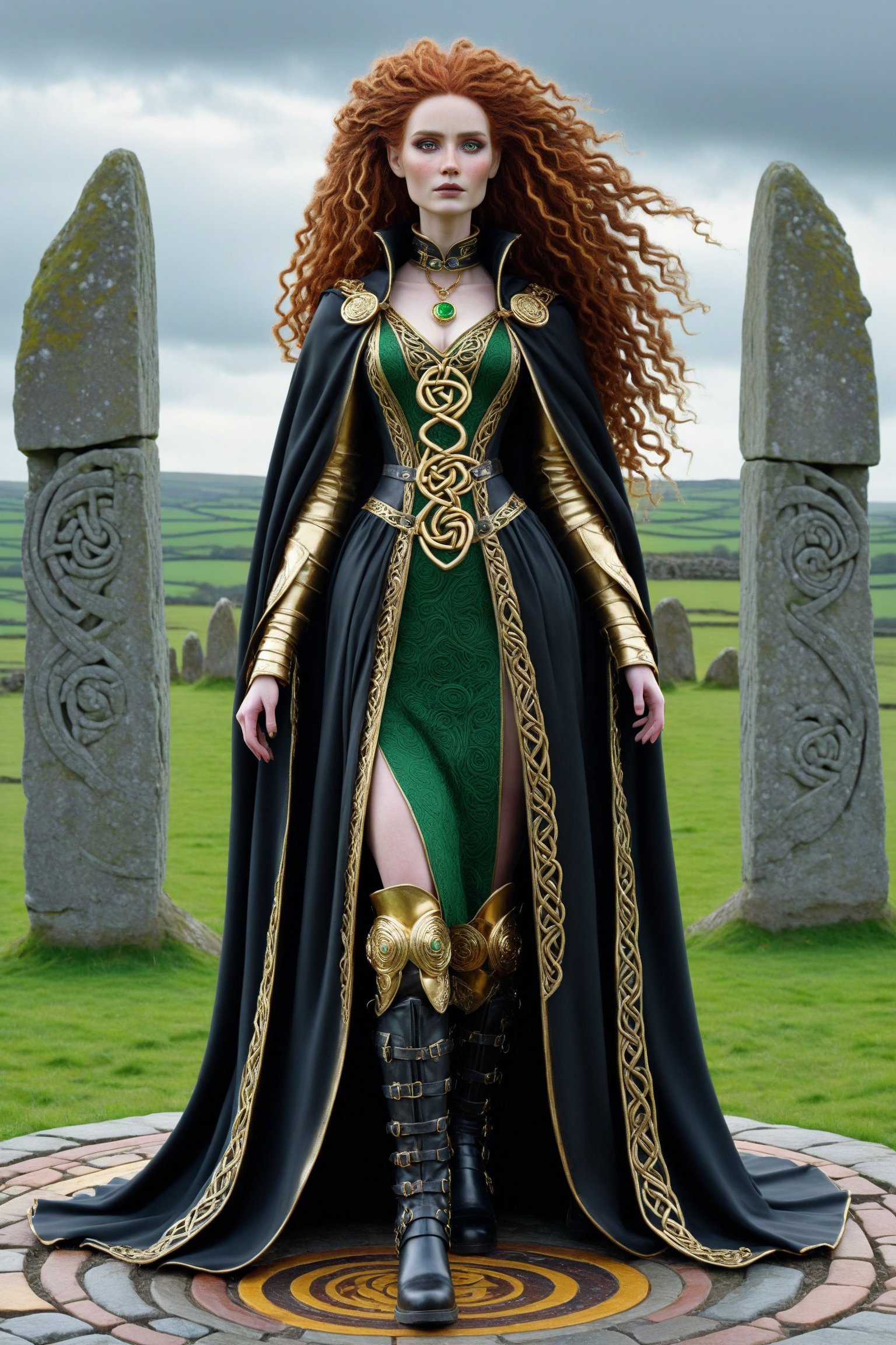 cinematic, dynamic full body extreme long shot of Cartimandua, queen of the British Celtic Brigantes ad 51. a fusion of elaborate rococo, ancient english, english celtic gothic punk. she has very long copper curly big hair. she has round large big green eyes. light freckles on her face. she wears an elaborate ancient wool celtic floor length dress in colors of ivory, red, gold, black, gold celtic torc neck ring around her neck, long black wool cape fastened with a large gold celtic brooch. black leather boots. she stands next to her horse near standing stones in england. perfect female anatomy, goth person, pastel goth, dal, Gaelic Pattern Style, Cartimandua