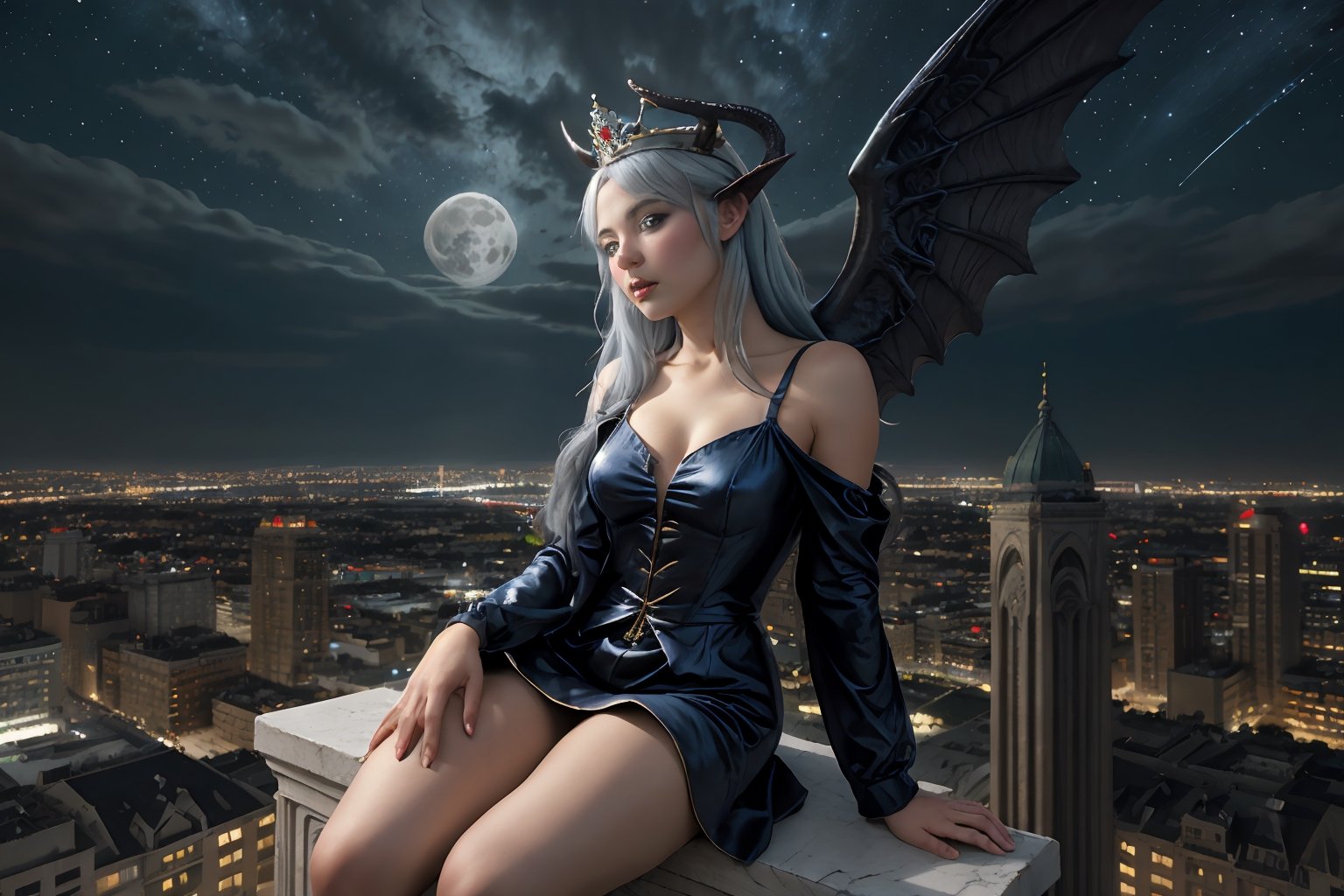 middle shot, michael parkes style, a beautiful young queen of gargoyles  gargoyle wings, horns, long grey-blue hair and a crown is sitting on the ledge of a very tall building. she is wearing an elaborate royla dress. a gargoyle is sitting next to her. its night time with a full moon. dark sky & stars are in the sky.  michael parkes, zoom out.,1girl,Masterpiece,SD 1.5,realistic