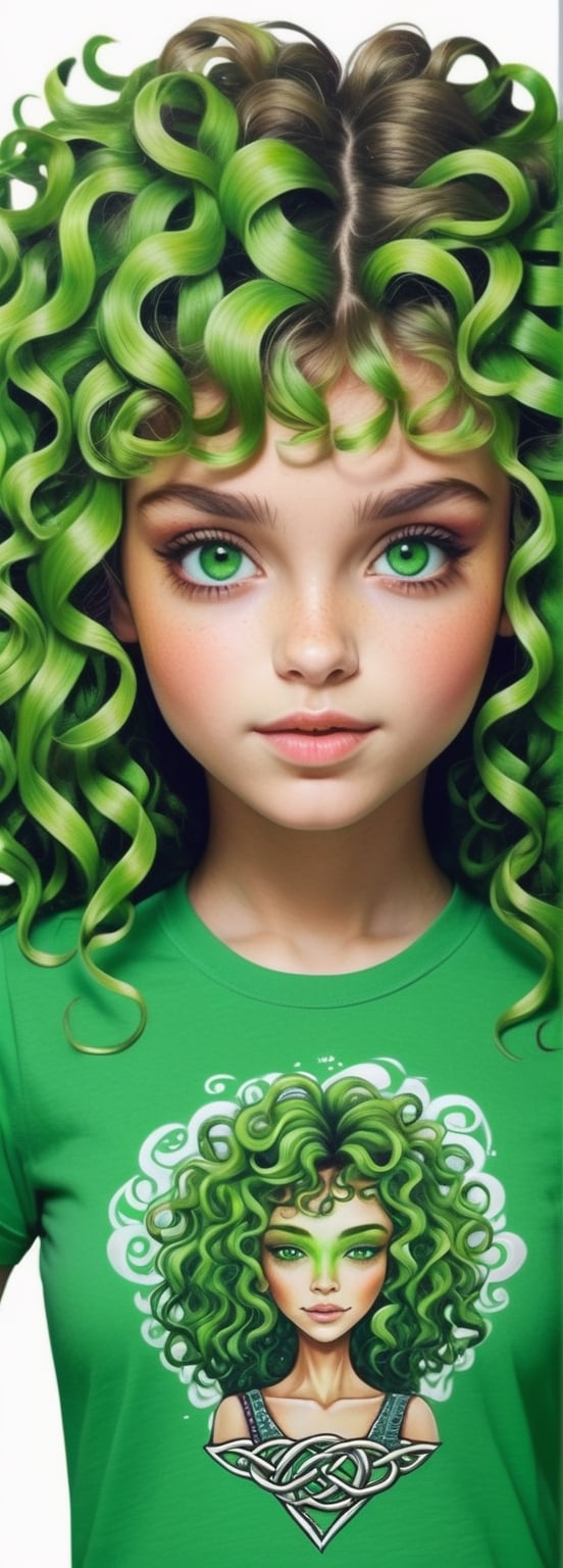 beautiful girl, witchy, magical, celtic patterned t-shirt,1 girl in a tight t-shirt  Embrace surrealism creating a unique t-shirt art piece. girl has green voluminous curly mane hair, vivid ice green eyes, bangs, closed mouth smile, intelligent eyes, sensual, full body, from a distance, 