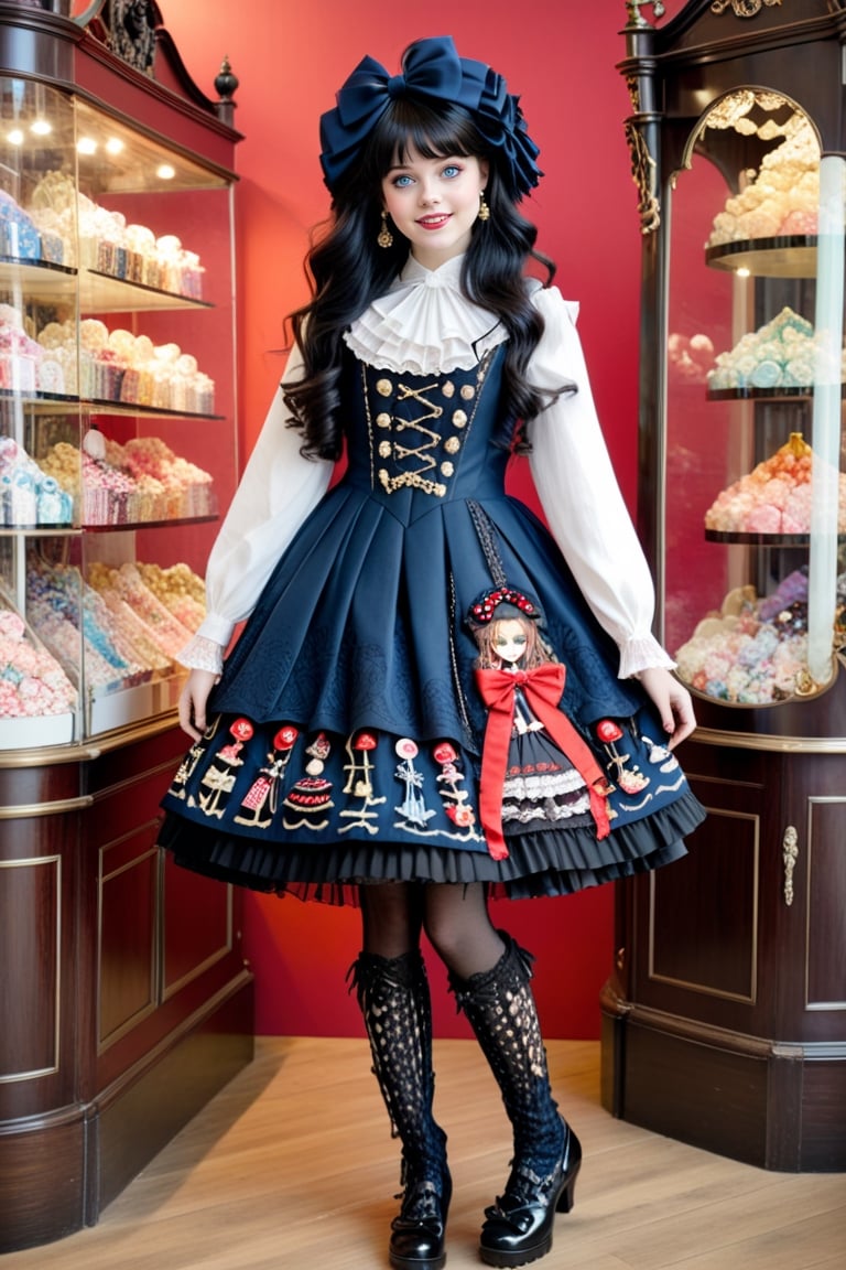 full body shot, beautiful happy young 17-year old girl model with dark blue extra long voluminous straight floating windy hair, she has light blue eyes, perfect pale skin and cute smile on her face. the girl is wearing a high fashion elaborate guro lolita outfit, in clors of navy, red and black. intricate fabric patterns, cute intricate stockings, frilly, elaborate embroidery, lace, bows, buttons, inspired by Moi-Même-Moitié, Alice and the Pirates and Atelier Pierrot, cute high heeled boots, and she has perfect manicured hands. the detailed elaborate background shows the girl shopping in an elaborate upper class cluttered style candy store filled by many different types of candies and confections. full body shot 