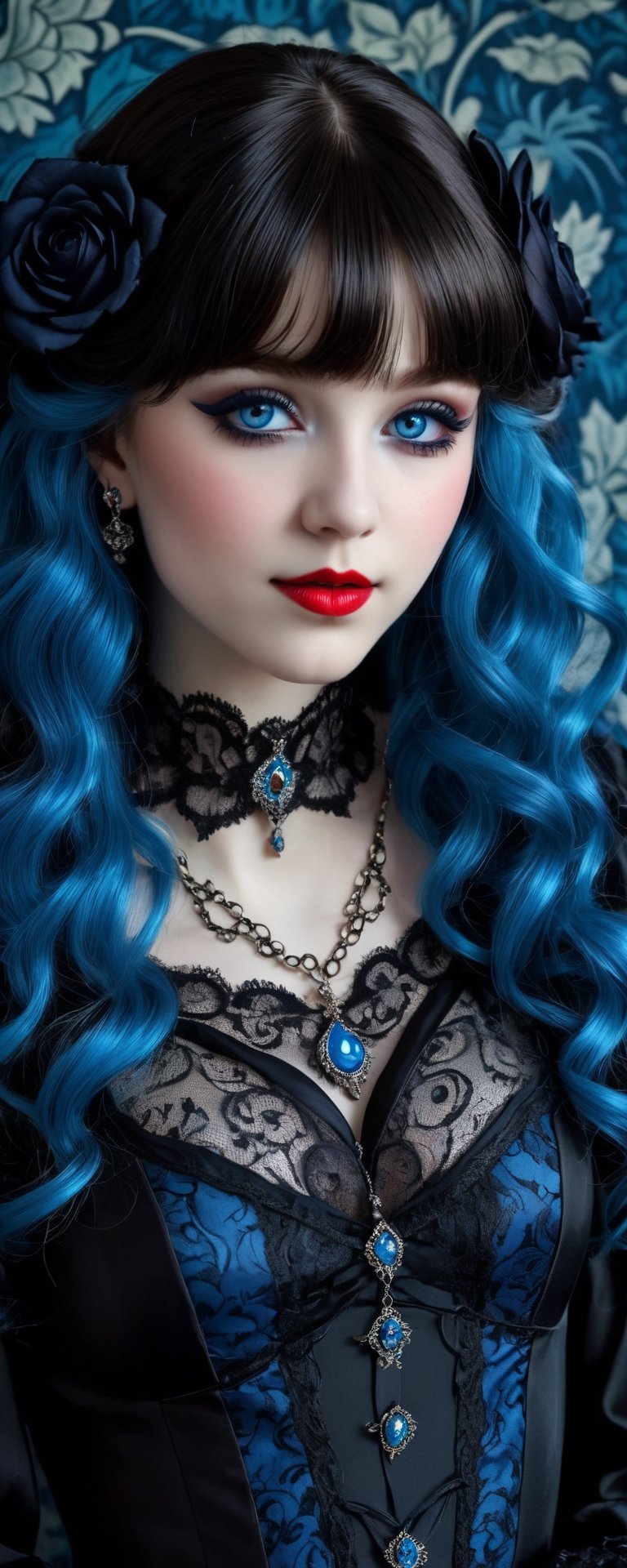 (best quality, masterpiece, ultra detailed, 8K, RAW photo), absurdres, a beautiful 17 year old vampire girl with vivid blue shiny long thick full curly hair with blunt bangs black roses in hair, ornate silk outfit embrodiered with intricate patterns, big light blue hyper realistic eyes, perfect light skin, gothic eye make up, parted greasy full red lips, mischevious smile,intricate jewelry,necklace,earrings, tall lace boots, intricate william morris wallpaper background,  background,vibrant color, full body,