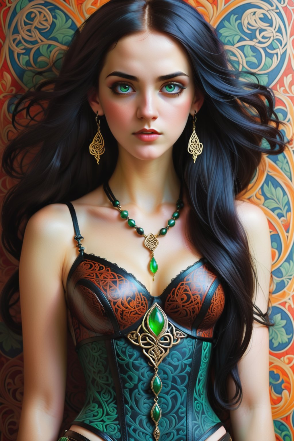 combine all of the below to make a beautiful celtic irish young woman, wearing an elaborate ancient celtic irish inspired  necklace, jewelry, long dangle earrings, sexy intricate celtic irish corset, hayv kahraman style, background of vivid colorful intricate william morris wallpaper