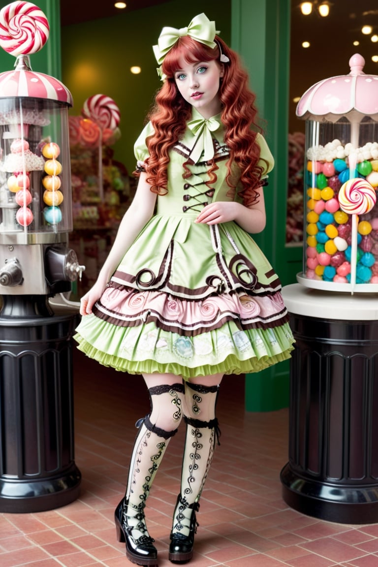 full body shot, beautiful young 17-year old girl with vivid red extra long curly hair and bangs, light green eyes, perfect pale skin and sweet cute expression on her face is wearing a high fashion elaborate sweet lolita outfit, cute stockings, cute high heeled boots, and she has perfect manicured hands. the detailed background behind the girl is an elaborate upper class cluttered style candy store inspired by willie wonka with many different types of candies and confections surrounding the girl including big colorful lolipops, cotton candy, chocolate fountain, marshmellows, bubble gums, multi colored hard candies in glass canisters, full body shot 