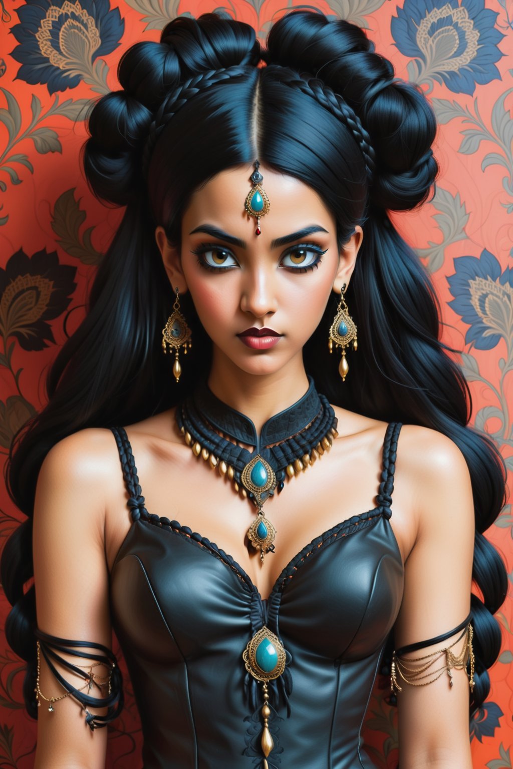 combine all of the below to make a beautiful exotic Indian woman, jet black hair in elaborate braids and buns, wearing an elaborate, necklace, jewelry, long dangle earrings, corset, hayv kahraman style, background of vivid william morris wallpaper