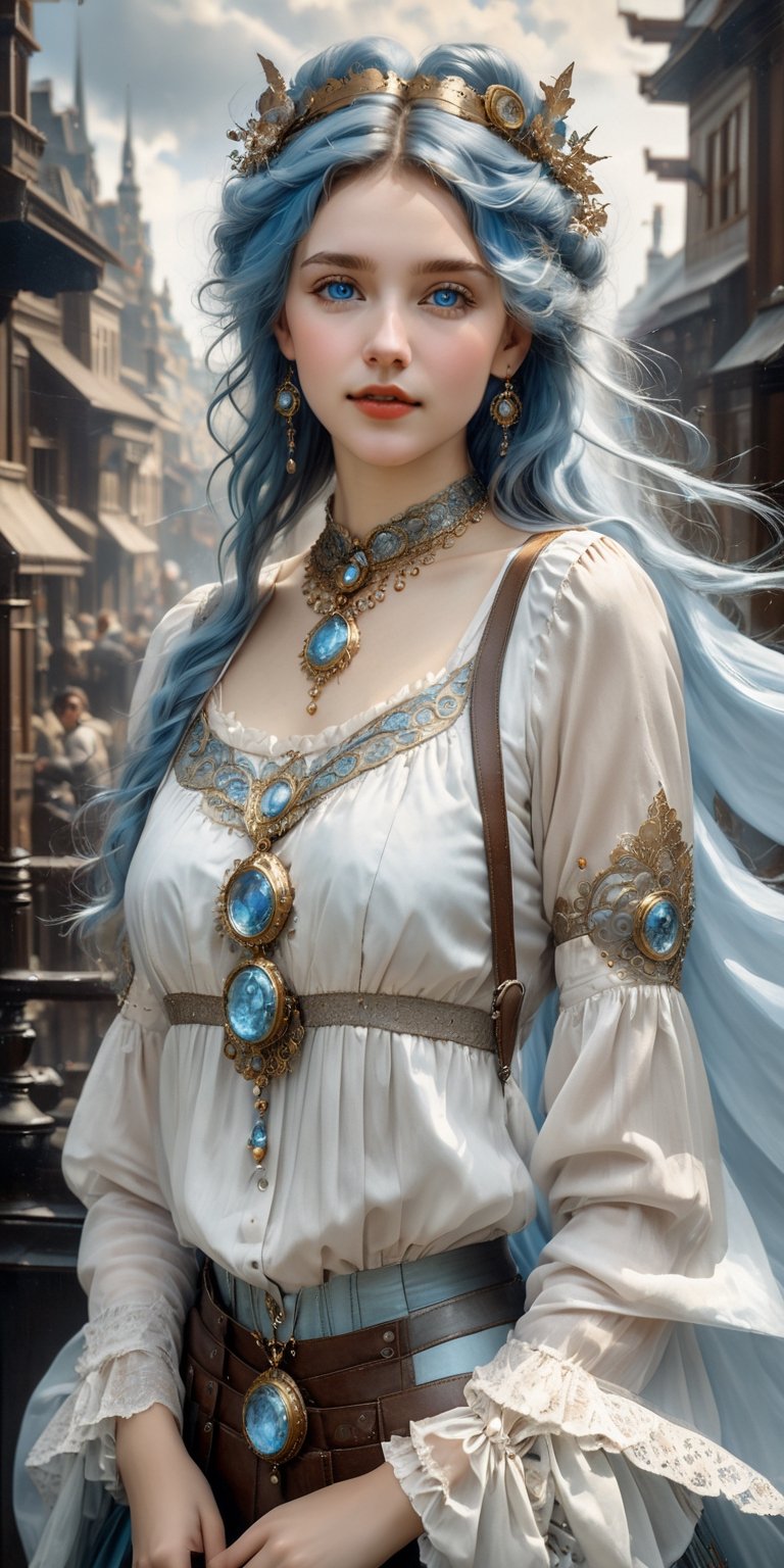 (8k 16k, RAW photo, best quality, master:1.2), (realistic, photo-realistic:1.37), ultra detailed, 1 nordic girl, solo, gorgeous and beautiful girl, light blue intricate hair, windy hair, blowing hair, messy hair, ice blue eyes, realistic, looking at viewer, happy, smile, masterpiece, realistic photography, by Alphonse Mucha, by Wlop, ), (Exaggerated Perspectives), f/ 2.8, (Surrealist Style), Visionary Art, (Trending on artstation) intricate steampunk outfit, intricate jewelry, necklace, large earrings, looking at viewer, happy, smile, masterpiece, realistic photography, by Alphonse Mucha, by Wlop, ), (Exaggerated Perspectives), f/ 2.8, (Surrealist Style), Visionary Art, (Trending on artstation) intricate outfit, intricate jewelry, necklace, large dangle earrings, 