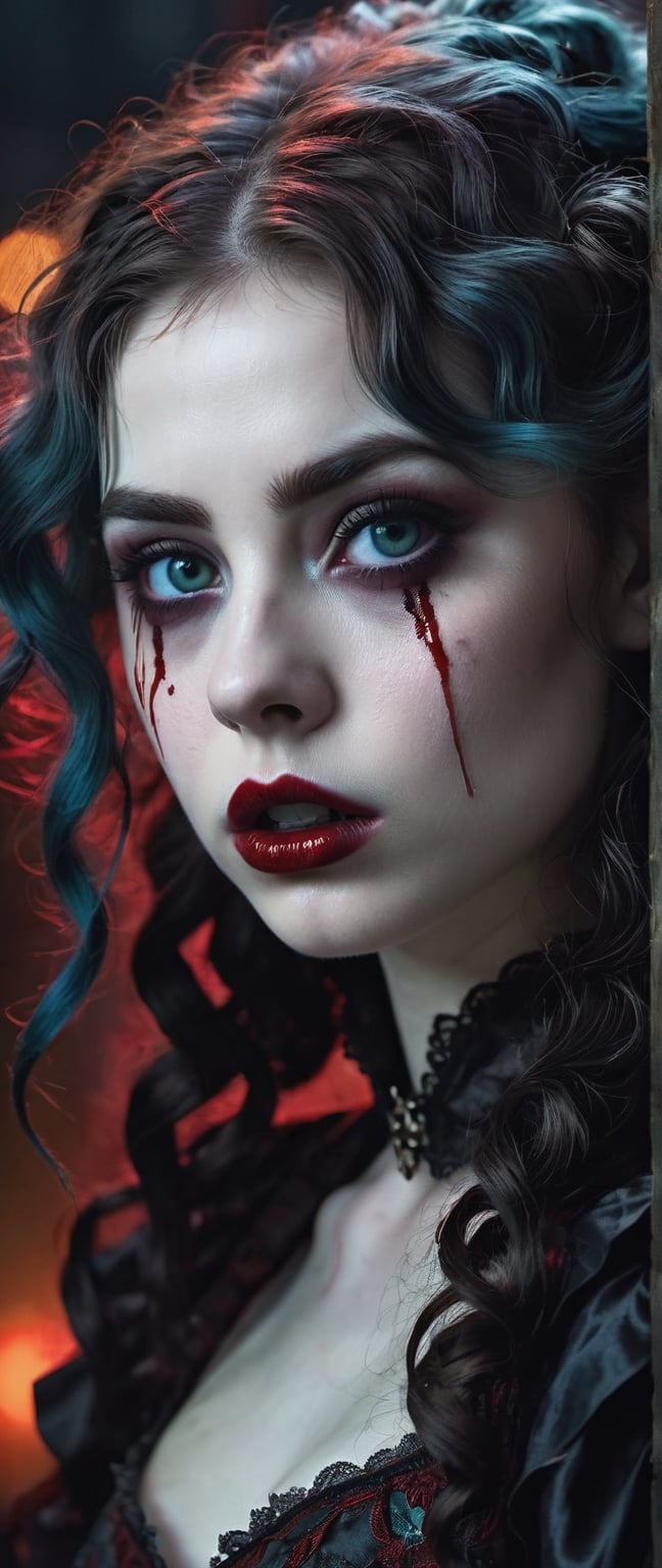 masterpiece, subtle lighting, dark atmosphere, a young girl vampire, pale white skin, blood drips on face and under eyes, glowing bright ice light blue pinpoint pupil pleading big eyes, with dark green elaborate gothic attire with blood stains, black volumunous curly hair, gothic hairstyle, bloody red full sensual lips, blood dripping down chin, sorrowful, sad, innocent facial expression, detailed background a countryside at night full moon europe circa 1700's, extreme realism, intricate details, ultra quality, 8k UHD