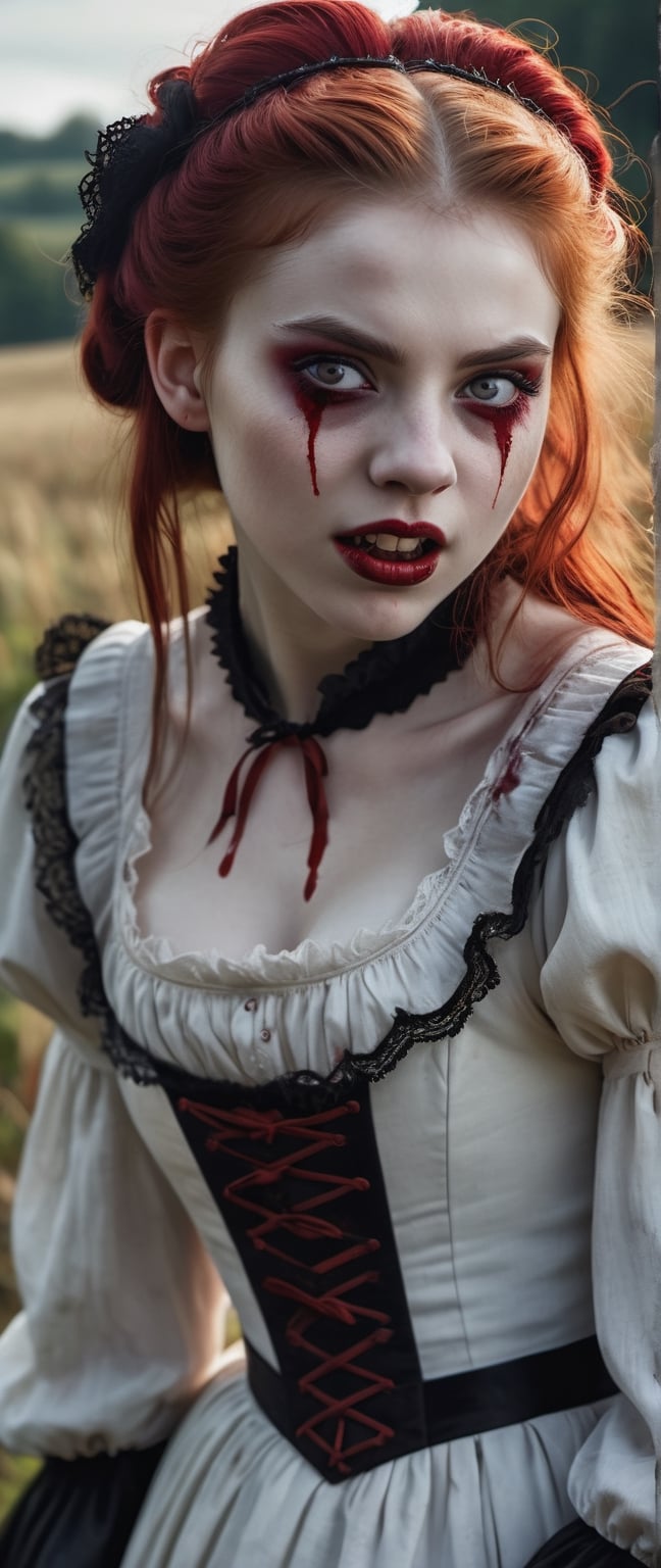 masterpiece, subtle lighting, dark atmosphere, a young girl vampire, pale white skin, red glowing realistic eyes, with white gothic clothes with blood stains, red hair, gothic hairstyle, open mouth showing long bloody upper fangs, background a countryside from the year 1650 in old Europe. extreme realism, intricate details, ultra quality, 8k UHD