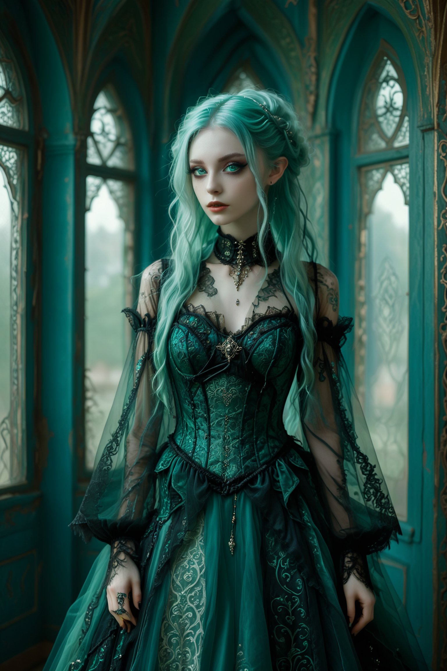 1girl,solo,full body shot of an elf gothic lolita  princess, in fairy elfe Lolita fashion. gown with intricate arabesque patterns, layers of tulle and lace. corset-style bodice. extremely long teal hair with blond streaks. Large expressive green eyes, pale skin,  Opulent palace backdrop with arched windows, silk curtains. Soft, dreamy lighting. Blend of kawaii, gothic, royal, and Arabian Nights aesthetics