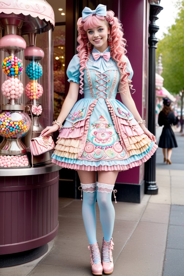 full body shot, beautiful happy young 17-year old girl model with vibrant pink  extra long curly hair with elaborate braids and top buns and bangs, hair clips and adornments in her hair. she has light blue eyes, perfect pale skin and cute smile on her face. the girl is wearing a high fashion elaborate sweet lolita outfit, cute stockings, frilly, elaborate embroidery, lace, bows, tassels, cute high heeled boots, and she has perfect manicured hands. she is holding a very cute lolita purse handbag. the detailed background behind the girl is an elaborate upper class cluttered style candy store inspired by willie wonka with many different types of candies and confections surrounding the girl including big colorful lolipops, cotton candy, chocolate fountain, marshmellows, bubble gums, multi colored hard candies in glass canisters, full body shot 