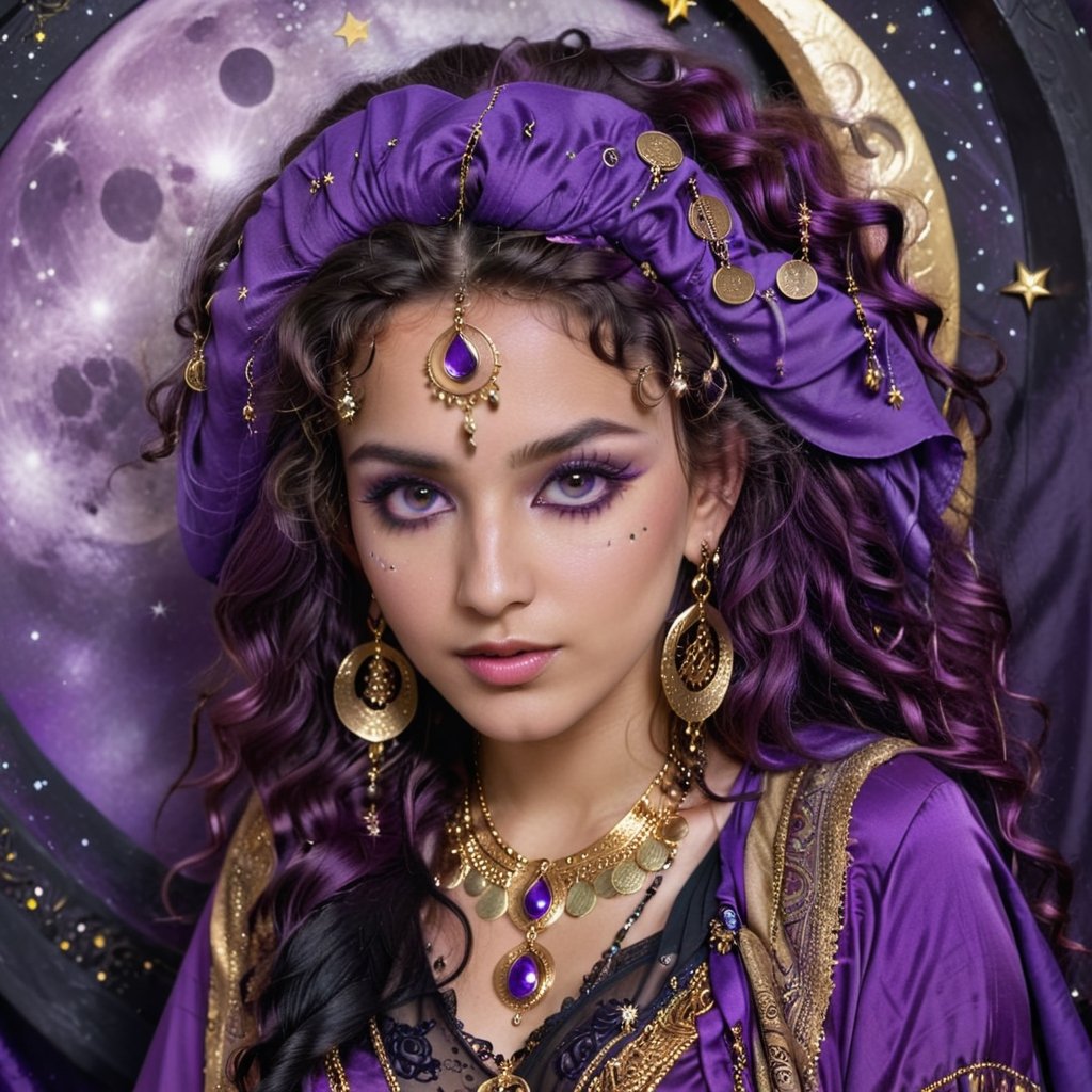 beautiful, intelligent, stunning Gypsy woman, 20 years old, long vivid purple colored curly hair, expressive light purple detailed eyes, bind on the forehead, gold, purple and black elaborate gypsy clothes embellished with moon, astrological and stars charms. headscarf with coins, elaborate gypsy long earrings, necklaces, etc. gothic make-up.