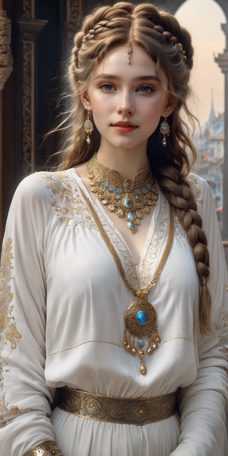 (8k 16k, RAW photo, best quality, master:1.2), (realistic, photo-realistic:1.37), ultra detailed, 1 nordic girl, solo, gorgeous and beautiful girl, white intricate braided hair, hair buns, light gold eyes, freckles, realistic, looking at viewer, happy, smile, masterpiece, realistic photography, by Alphonse Mucha, by Wlop, ), (Exaggerated Perspectives), f/ 2.8, (Surrealist Style), Visionary Art, (Trending on artstation) intricate russian outfit, intricate jewelry, necklace, large earrings, looking at viewer, happy, smile, masterpiece, realistic photography, by Alphonse Mucha, by Wlop, ), (Exaggerated Perspectives), f/ 2.8, (Surrealist Style), Visionary Art, (Trending on artstation) intricate outfit, intricate jewelry, necklace, large dangle earrings, 