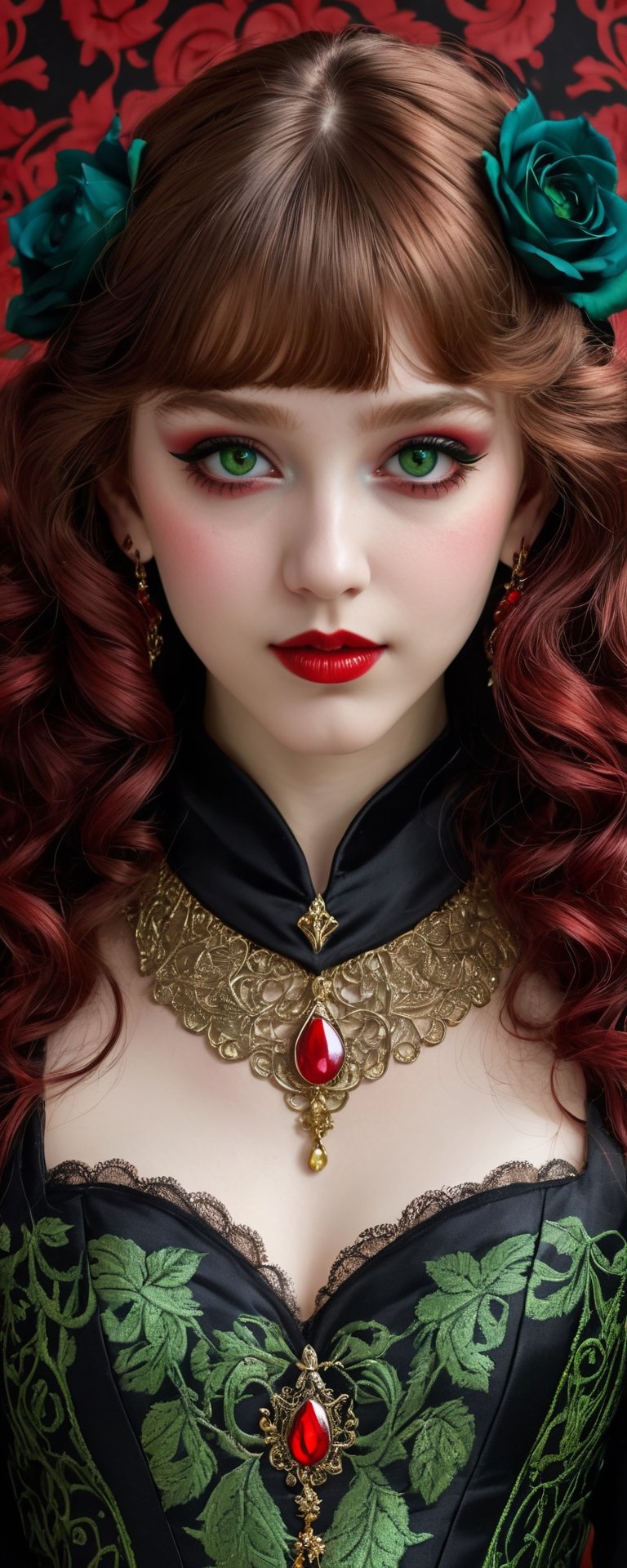 (best quality, masterpiece, ultra detailed, 8K, RAW photo), absurdres, a beautiful 17 year old vampire girl with vivid green shiny long thick full curly hair with blunt bangs black roses in hair, ornate silk outfit embrodiered with intricate patterns, big light red hyper realistic eyes, perfect light skin, gothic eye make up, parted greasy full red lips, mischevious smile,intricate jewelry,necklace,earrings, intricate william morris wallpaper background,  background,vibrant color, full torso,