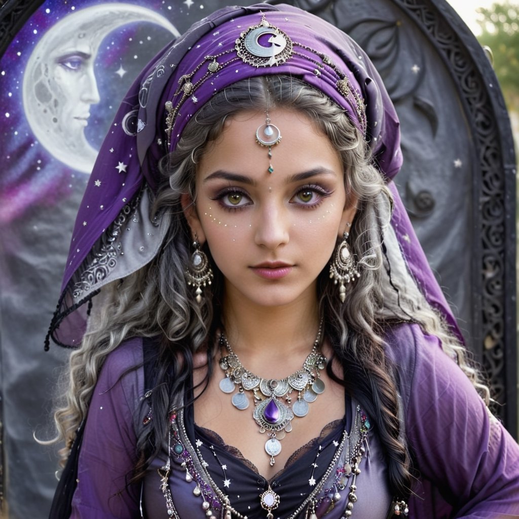 beautiful, intelligent, stunning Gypsy woman, 20 years old, long gray curly hair, expressive light gray detailed eyes, bind on the forehead, gray, purple, silver  elaborate gypsy clothes embellished with moon, astrological and stars charms. headscarf with coins, elaborate gypsy long earrings, necklaces, etc. gothic make-up.