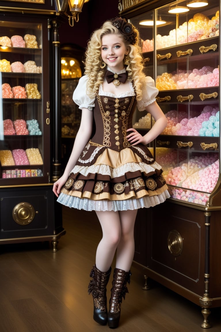 full body shot, beautiful happy young 17-year old girl model with golden long hair with big curls, and hair framing her face, she has light gold eyes, perfect pale skin and cute smile on her face. the girl is wearing a high fashion elaborate steampunk style Lolita Dress, high heel strappy shoes, intricate steampunk patterns, cute intricate stockings, frilly, elaborate embroidery, lace, bows, buttons, high heeled boots. the girl has perfect manicured hands. the girl is shopping in an elaborate detailed steampunk candy and confection shop filled by many different types of candies and confections like lolipops, cotton candy, chocolates, full body shot 