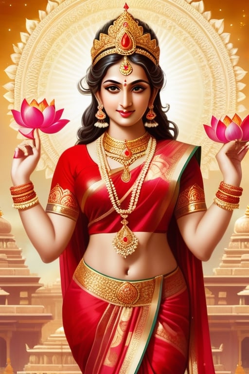 full body shot, Lakshmi is a Hindu goddess of prosperity and wealth, elaborate and intricate indian female costume in colors of red and gold, she is wearing elaborate gold necklaces earrings rings on her fingers and bangles on her arms, gold nose ring, serene beautiful face, Lakshmi is surrounded by lotus flowers, she is glowing, illuminated, a holy goddess, with an elaborate gold crown, detailed background of the heavens, clouds stars, ,Detailedface,1girl,Masterpiece,Saree, full body,realhands,Indian,1 girl,Indian Designer Dress,more detail XL,fashion_girl