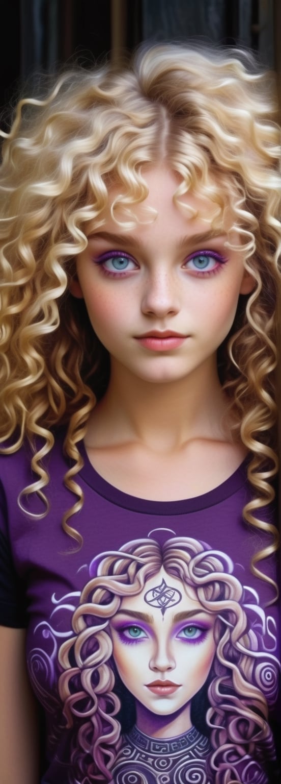 beautiful young woman, witchy, magical, celtic  patterns on a t-shirt,1 girl in a tight t-shirt  Embrace surrealism creating a unique t-shirt art piece. girl has blond voluminous curly mane hair, vivid violet eyes, bangs, closed mouth smile, intelligent eyes, sensual, full body, from a distance, 