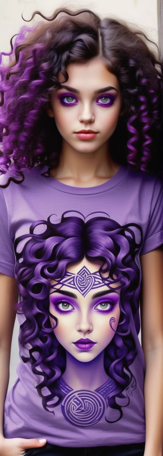beautiful young woman, witchy, magical, celtic  patterns on a t-shirt,1 girl in a tight t-shirt  Embrace surrealism creating a unique t-shirt art piece. girl has black voluminous curly mane hair, vivid violet purple eyes, bangs, closed mouth smile, intelligent eyes, sensual, full body, from a distance, 