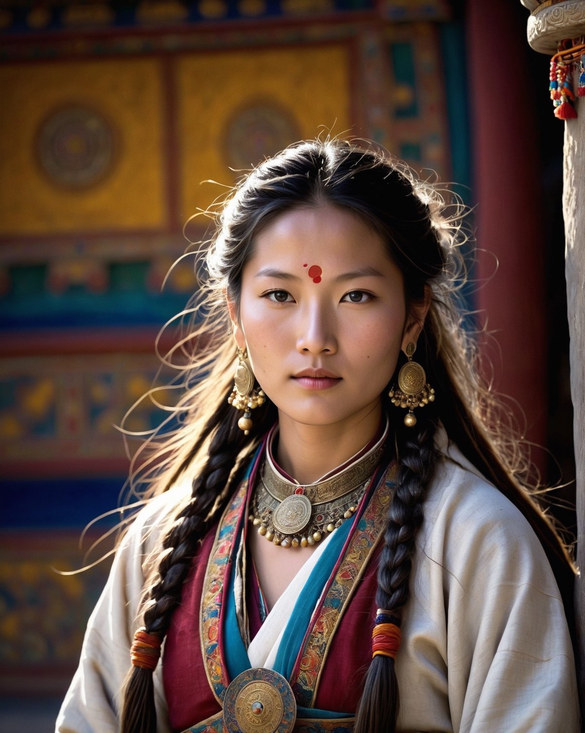 32k, large and very detailed eyes, ultra realistic details, beautiful mythic ancient tibetan woman, serene facial expression, elaborate very long braided hair, traditional tibetan clothes, floating, windy, messy hair, elaborate difficult, masterpiece, high quality, detailed cores, Potala Palace, Lhasa, China, in background, night sky, starry sky, shafts of light, breathtaking beauty, pure perfection, mystical, cinematographic, full body shot, full body shot,