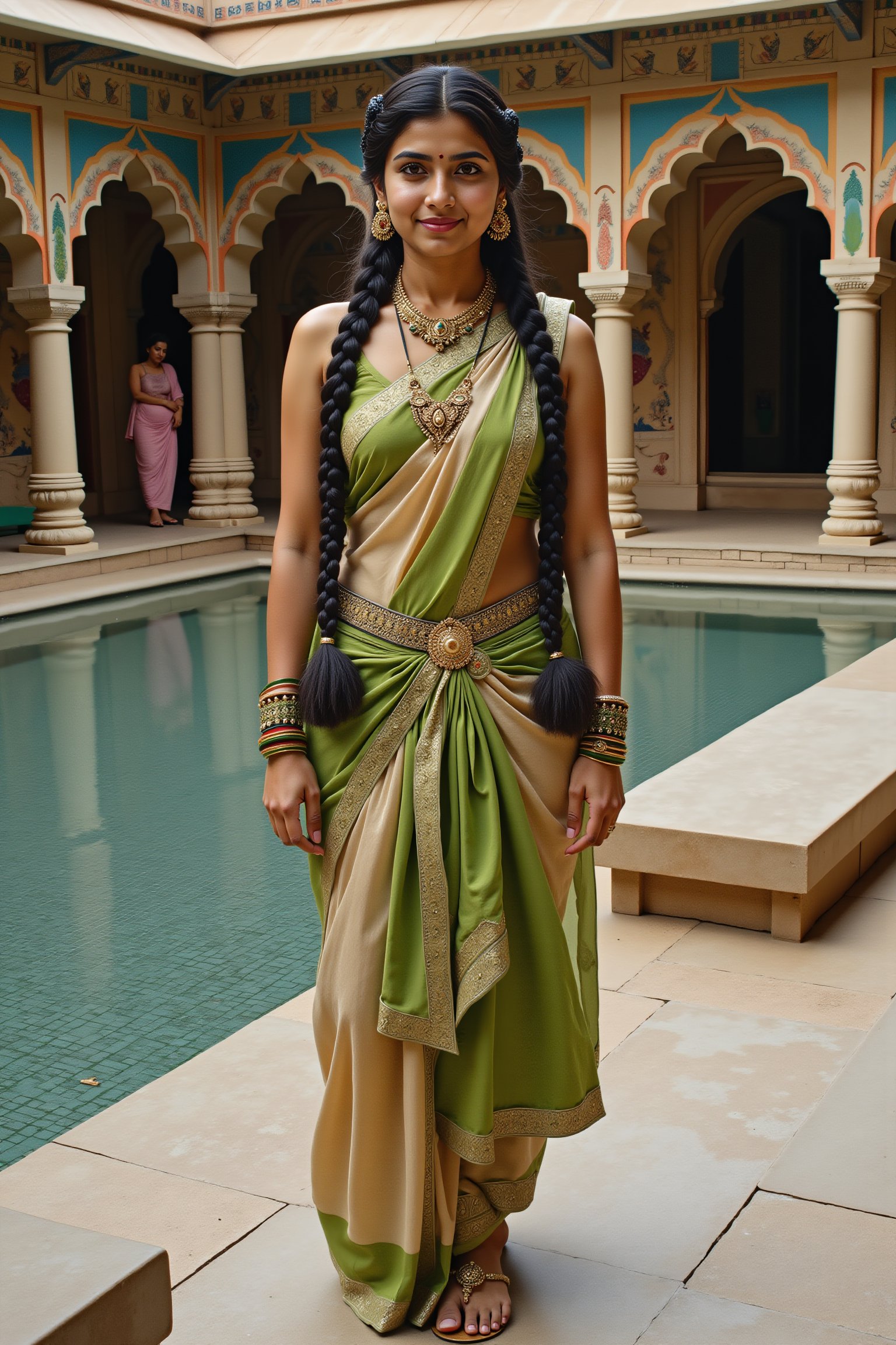 long shot, full body shot, realistic photgraphic image of young stunningly gorgeous and beautiful exotic asian indian woman in Ancient India. she has a sweet sensual closed mouth smile, stunning big green realistic eyes, rich colorful make-up and kohl on her eyes, hair in elaborate braids and buns, she wears an ancient indian dress in silk, cotton and linen fabrics, colors of green beige and gold, which is richly and elaborately decorated, with embroidery and rich jewels, gold jewelry and ornaments, flat  sandals on her feet. her outfit and posture displays her wealth, behind her is the detailed realistic background of Ancient Indian temple expansive gounds with richly colored symmetrical Indian art, mythology and spiritual scenes decorating the walls, ancient hindu statues, small mosaic marble decorative pool with deep blue water blue, marble benches, palm, coconut, mango trees