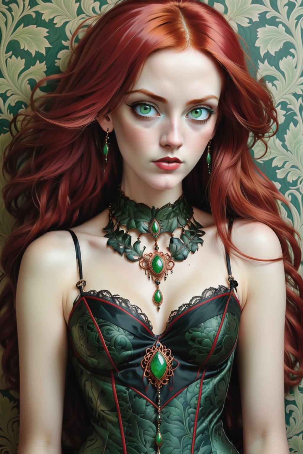 combine all of the below to make a beautiful woman, red hair, green eyes, wearing an elaborate, necklace, jewelry, long dangle earrings, corset, hayv kahraman style, background of vivid william morris wallpaper