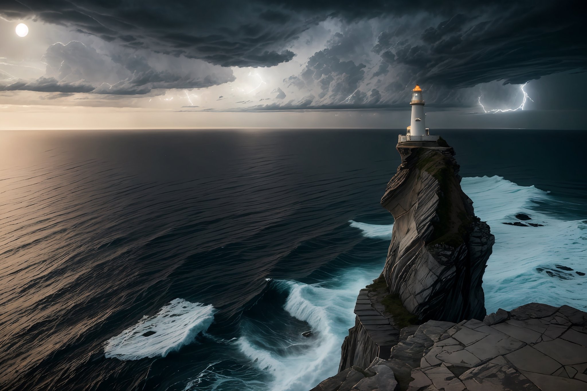 aerial shot full-body, side profile wide angle lens of  a beautiful very white skinned pale young female gargoyle. she is standing on a very narrow ledge on the top of a very tall rugged scary cliff above the stormy seas far below. the ocean is vast. she is staring intensely across the ocean. there is an old ancient lighthouse in the distance in the ocean. it's nighttime, stormy dark clouds are in the sky, lightning illuminates the clouds, a glowing full moon and stars are in the sky.