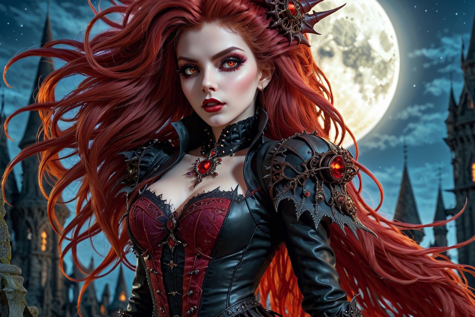 High definition vivid masterpiece, a beautiful vampire woman, elaborate spikey super long, messy red hair, blowing hair, red glowing big detailed eyes, large tattered devil wings, realistic, steampunk, night time, floating in the sky above a gothic castle, gravestones, full moon, starry sky, steampunk mechanical glowing full moon, light shafts, detailed background, boots, full body, Makeup,Masterpiece, full body,realistic