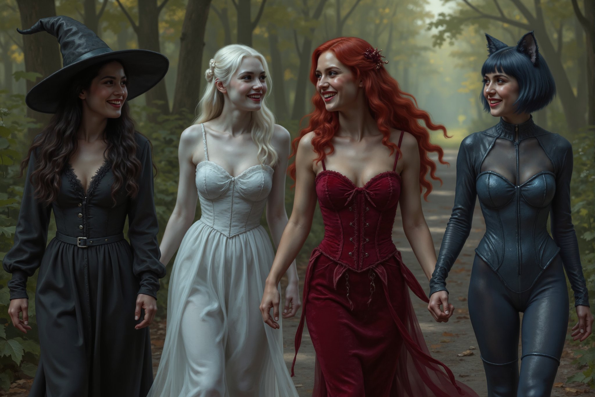 a beautiful young female witch with long curly black hair, pointy witch cap, witch outfit, beautiful young ghostly woman with white hair, the whitest pale skin, white dress, beautiful female vampire with vivid big long red hair, big red lips wearing a red victorian inspired velvet corsett dress, and beautiful cat woman, with cat ears and short blunt cut blue hair with bangs wearing a skin tight dark blue leather body suit are walking together down a beautiful forest path smiling, laughing and talking with each other. perfect anatomy, perfect hands, perfect faces.