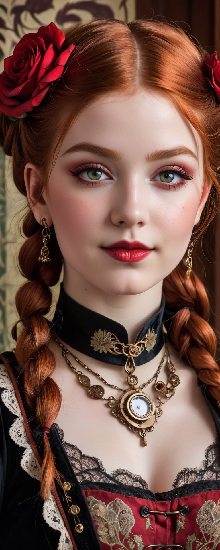 (best quality, masterpiece, ultra detailed, 8K, RAW photo), absurdres, a beautiful 17 year old steampunk girl with thick braided vivid shiny red hair framing the face, small velvet ribbons and roses in hair, ornate steampunk outfit embroidered with intricate patterns and lace accents, big light red auburn hyper realistic eyes, perfect light skin, gothic eye make up, parted greasy full red lips, mischevious smile,intricate jewelry,necklace,earrings, intricate william morris wallpaper background,  background,vibrant color, full torso,