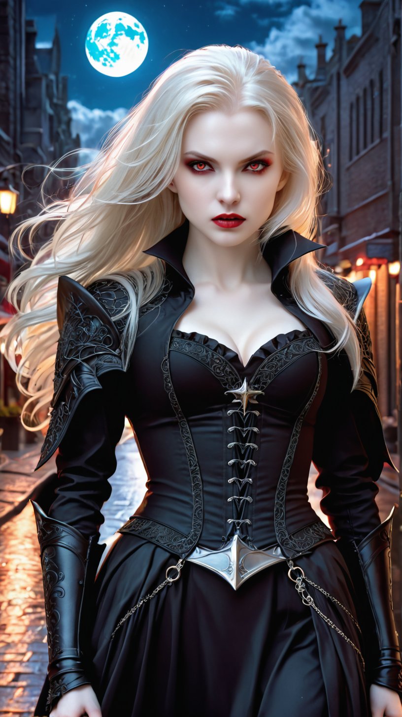 Arafed, dark fantasy art, gothic art, a picture of a vampire ready for battle, female vampire, armed with a sword, wewring heavy armor LnF, armed with a sword, shining sword, ultra detailed face (intricate detailed, Masterpiece, best quality: 1.4), pale skin, gloeing eyes, red eyes, ultra feminine, pale skin, dynamic hair, dark fantasy urban street (intricate detailed, Masterpiece, best quality: 1.4), moon light, star light, clouds