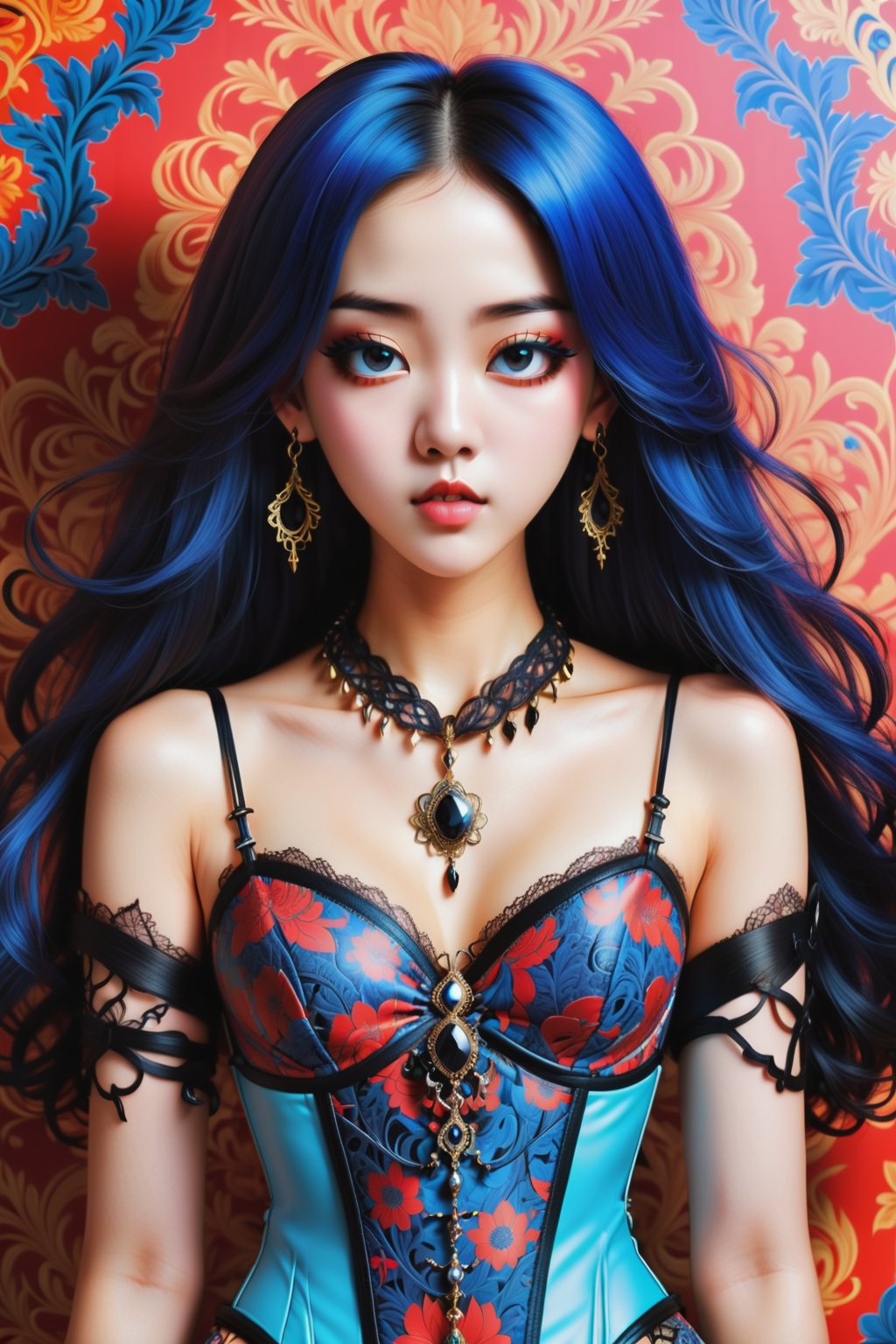 combine all of the below to make a beautiful k-pop star inspired young woman, wearing an elaborate k-pop inspired  necklace, jewelry, long dangle earrings, sexy intricate k-pop star corset, hayv kahraman style, background of vivid colorful intricate william morris wallpaper