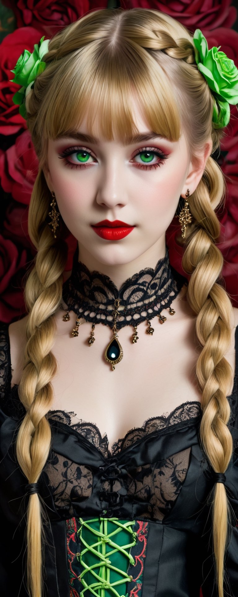 (best quality, masterpiece, ultra detailed, 8K, RAW photo), absurdres, a beautiful 17 year old vampire girl with vivid blond shiny braided hair with blunt bangs and braided hair buns, black roses in hair, ornate silk embrodiered with intricate patterns, big light green hyper realistic eyes, gothic eye make up, parted greasy full red lips, mischevious smile,intricate jewelry,necklace,earrings, tall lace boots, intricate william morris wallpaper background,  background,vibrant color, 