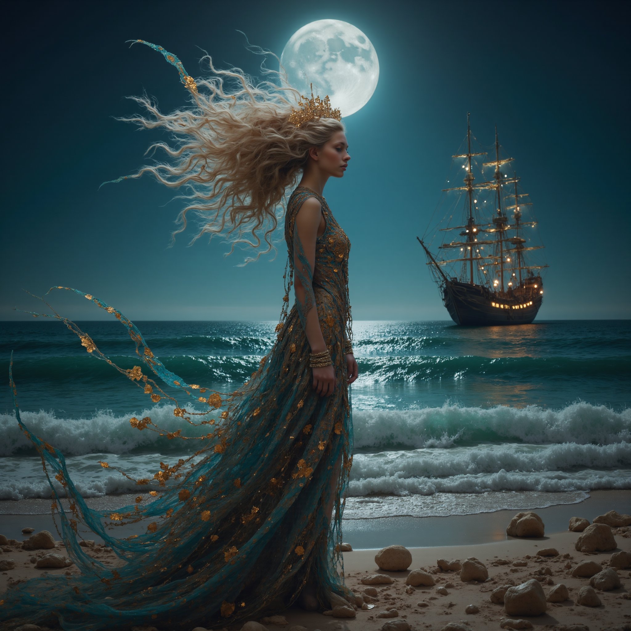 full body shot, long shot, side view, nighttime full moon, cinematic masterpiece, 8k, hdr, best quality, (highly detailed), photography, real life, extremely beautiful, ethereal, ocean witch standing on the beach, gorgeous face, beautiful smile, extremely long head to toe length big light blonde and blue streaked hair blowing in the breeze, irridescent, shiny, shimmery, colorful elaborate dress. blue green ocean water, bioluminescent algae glowing in the ocean waves, seashells, starfish, seaweed, scattered on the sand, a large glass pirate ship far in the distance on the ocean. perfect female anatomy, perfect hands, perfect fingers, manicured fingernails,